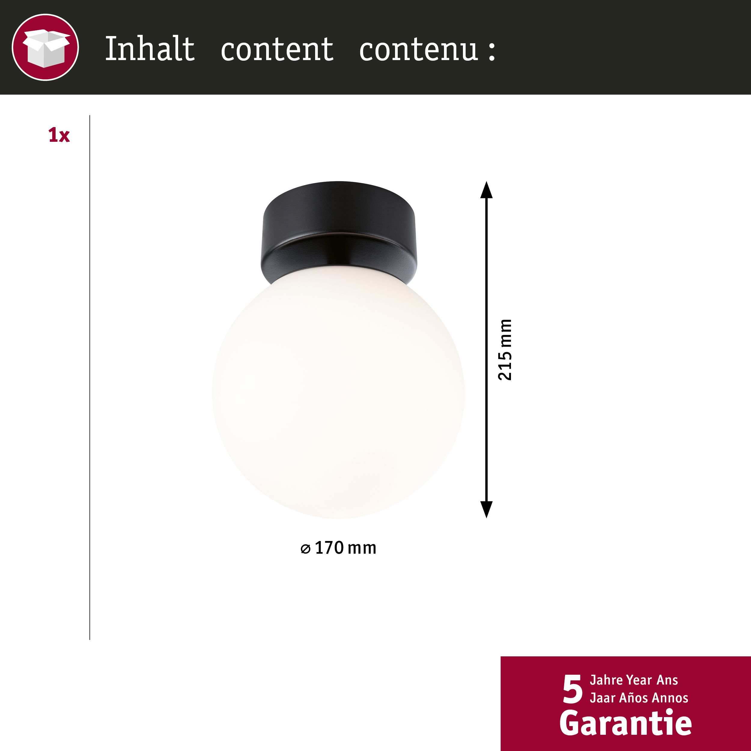 Okrągła, biała szklana lampa sufitowa z czarną podstawą na białym tle.