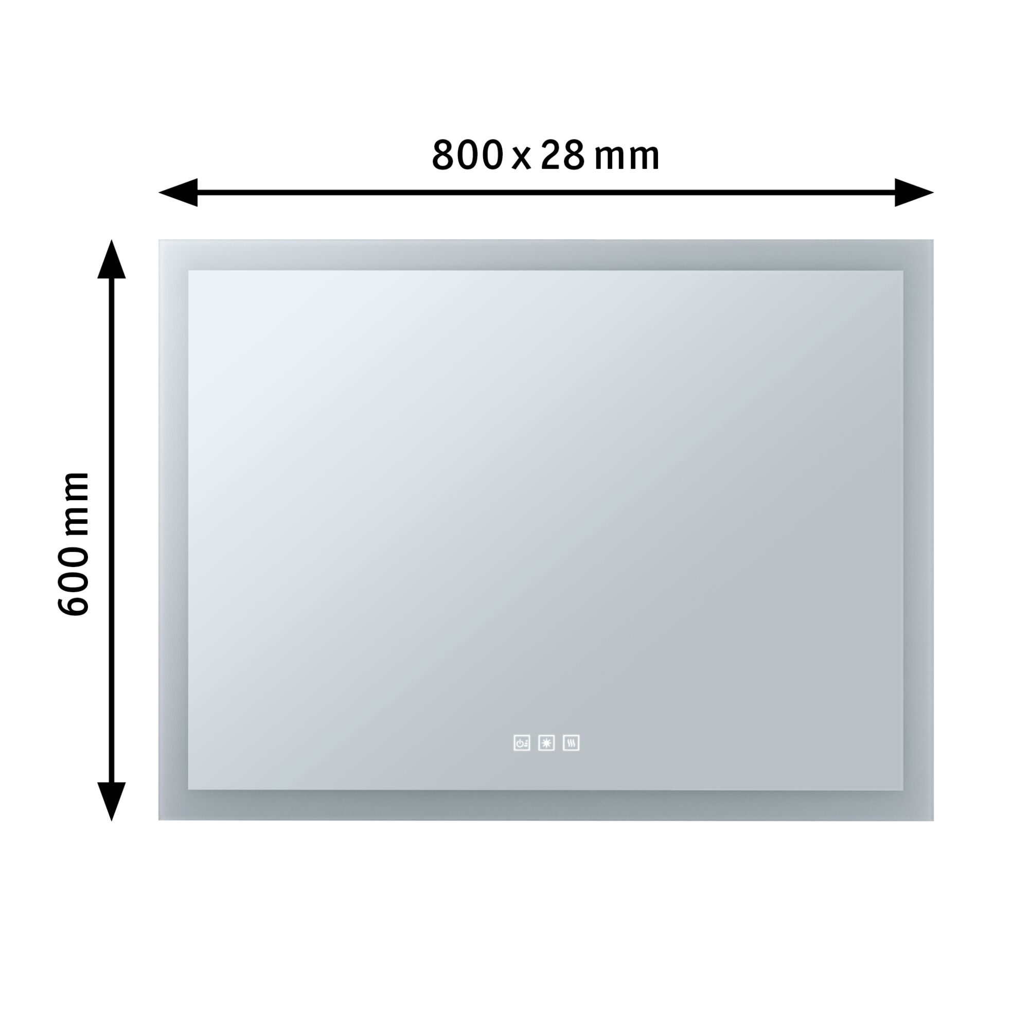 Ein rechteckiger LED-Spiegel mit den Maßen 800 x 28 mm und einer Höhe von 600 mm auf weißem Hintergrund.