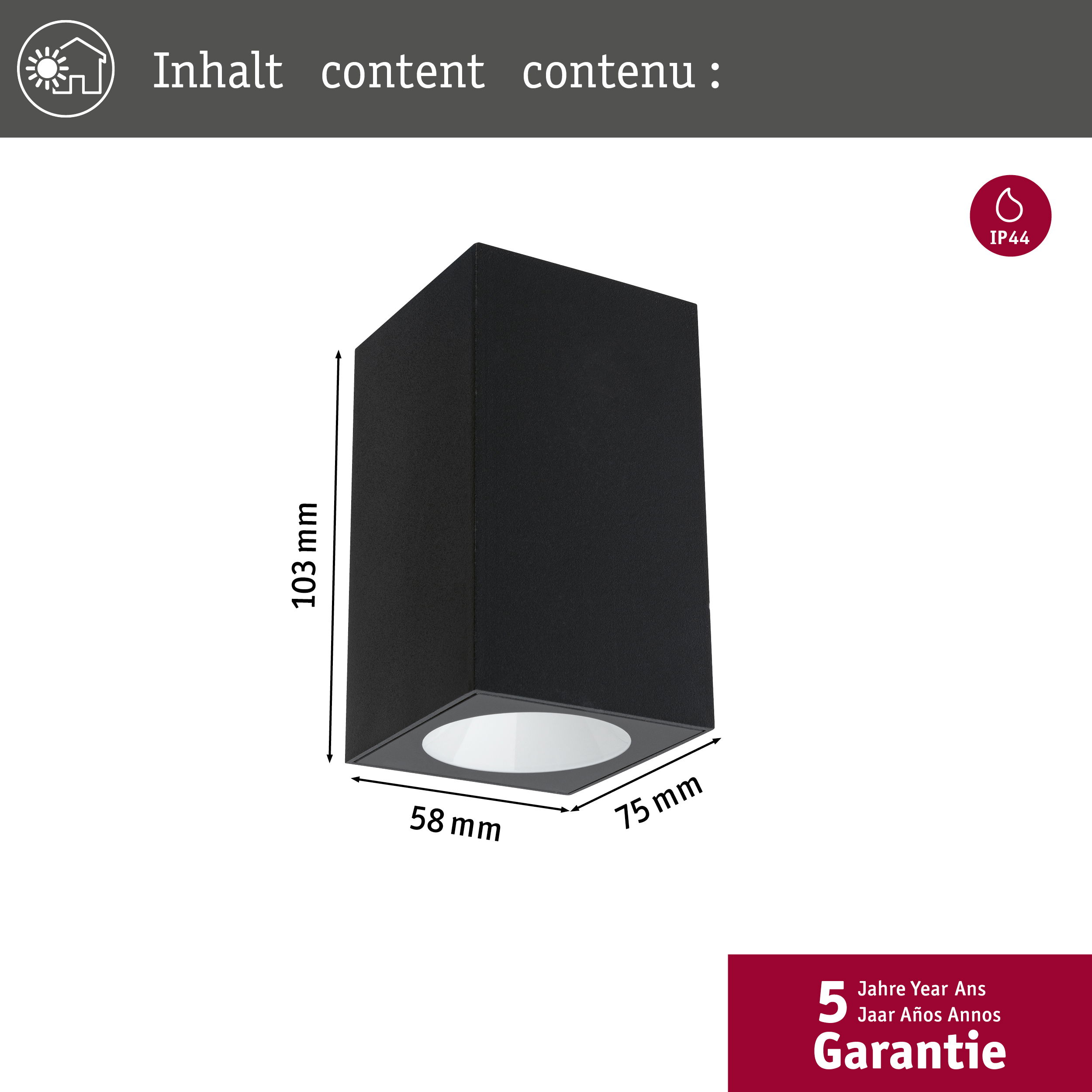 Czarna lampa w kształcie kostki wyświetla oznaczone wymiary na białym tle.