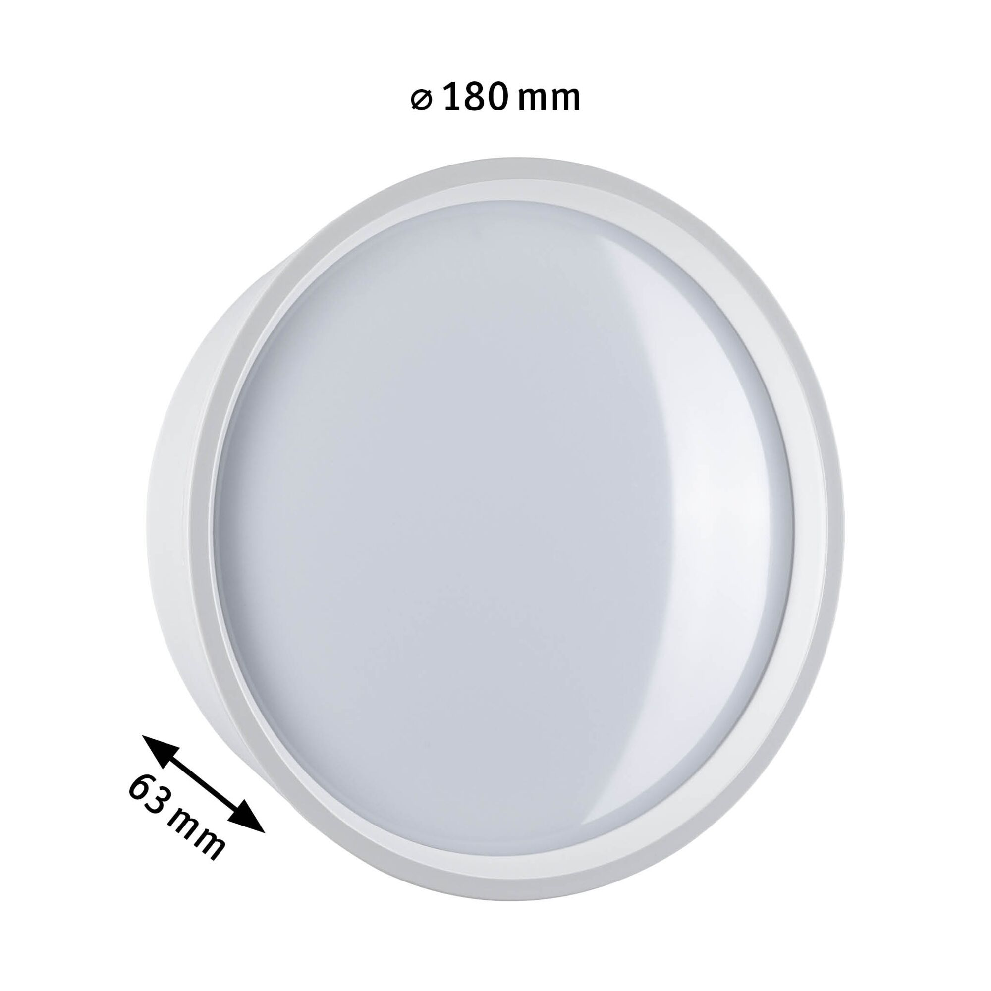 Eine runde weiße LED-Deckenleuchte mit Abmessungen von 180 mm Durchmesser und 63 mm Höhe, isoliert auf Weiß.