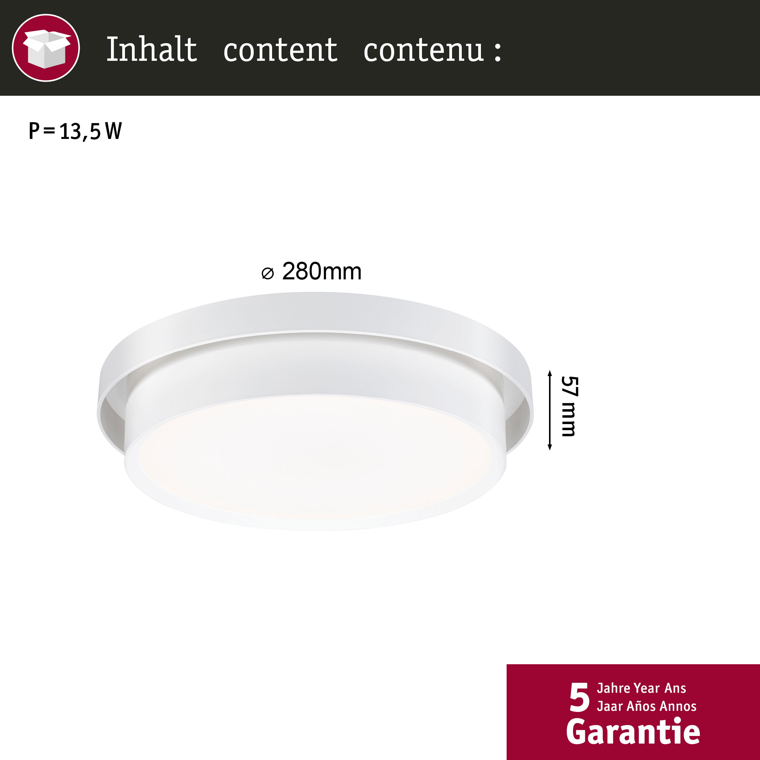 Okrągła biała lampa sufitowa LED z okrągłą krawędzią, wyświetlane są wymiary i informacje o gwarancji.