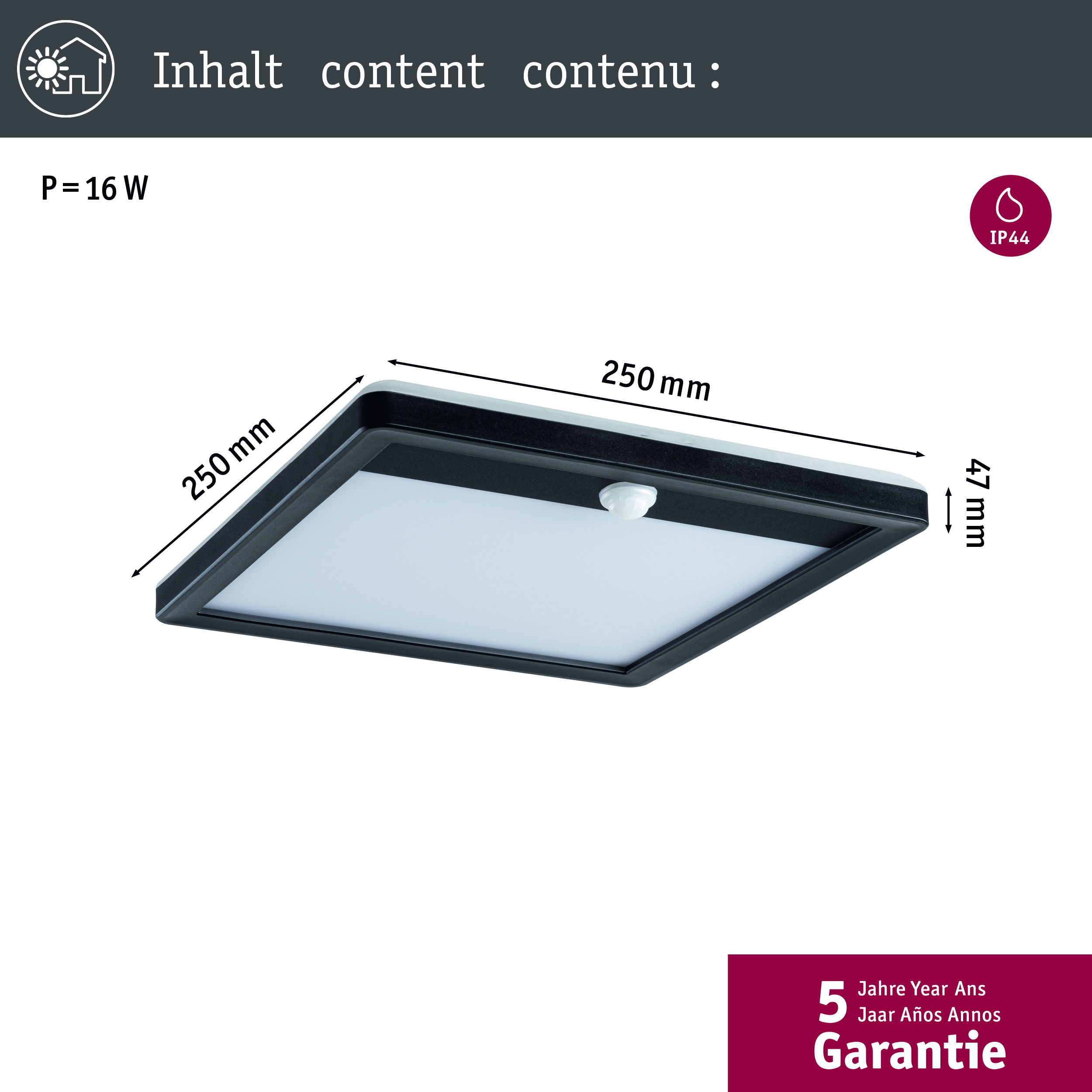 Eine quadratische schwarze LED-Deckenleuchte mit Abmessungen und Garantieinformationen wird angezeigt.