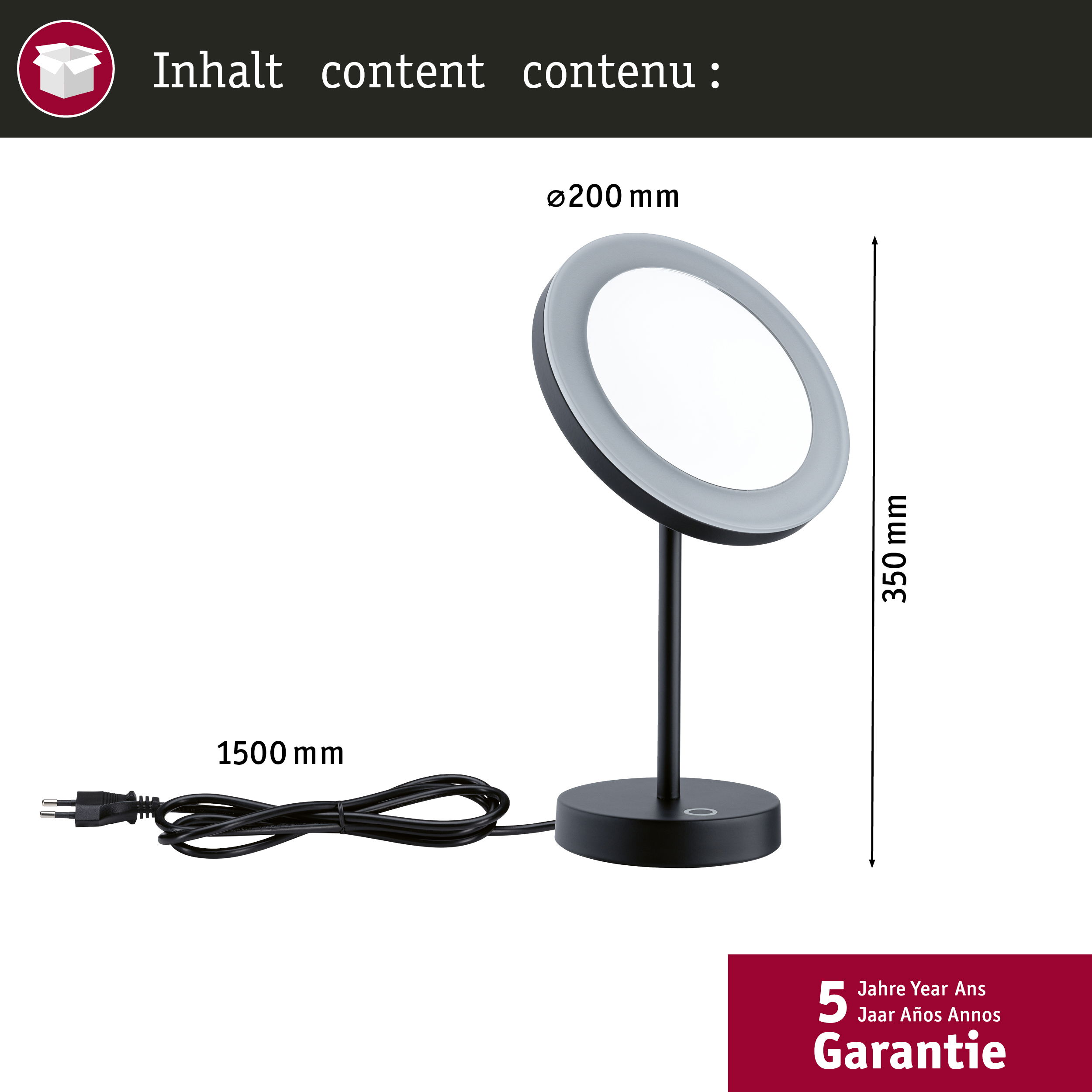 Wyświetlane jest okrągłe czarne lusterko do makijażu z pierścieniem LED i wymiarami.