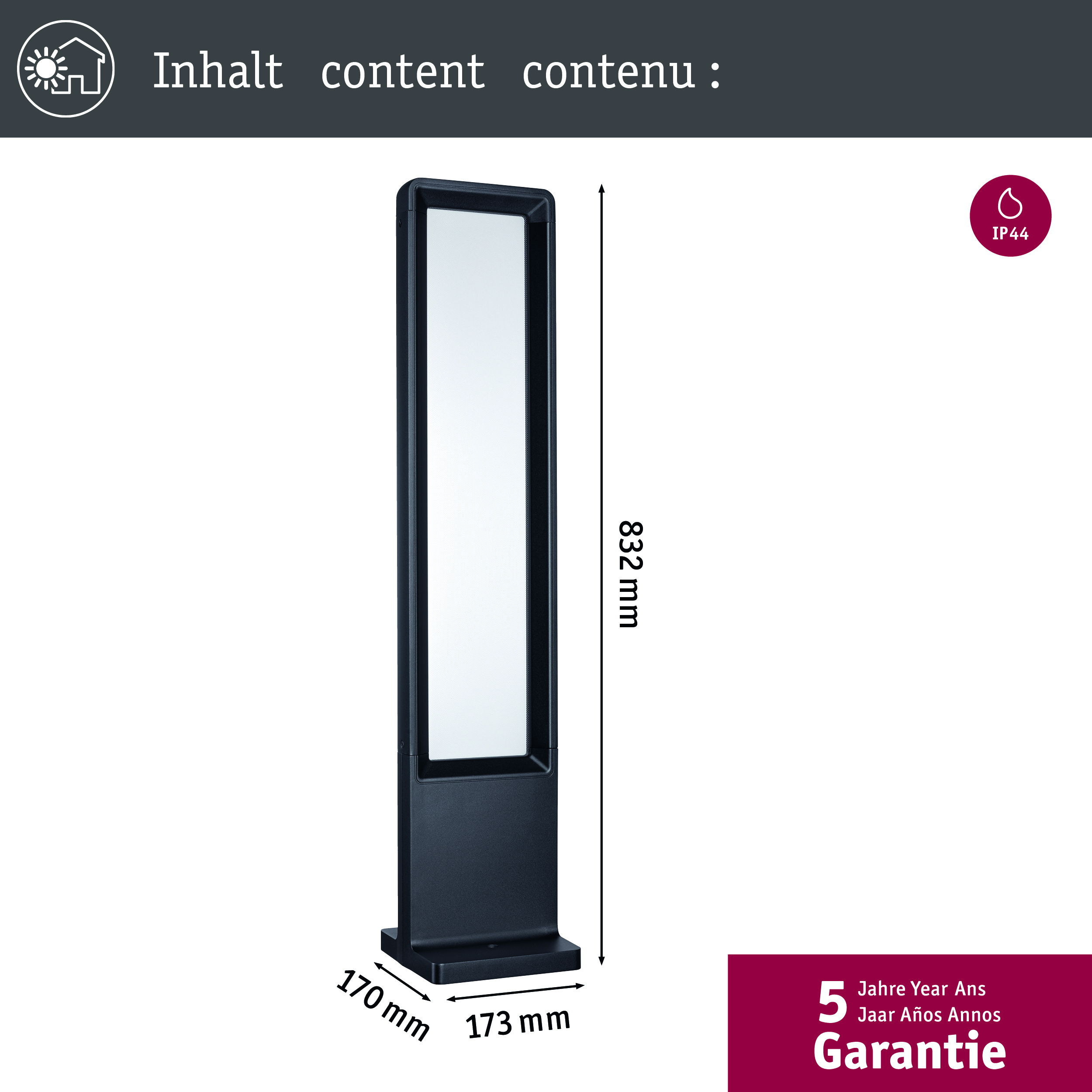 Wyświetlana jest wysoka prostokątna czarna zewnętrzna lampa LED z wymiarami.