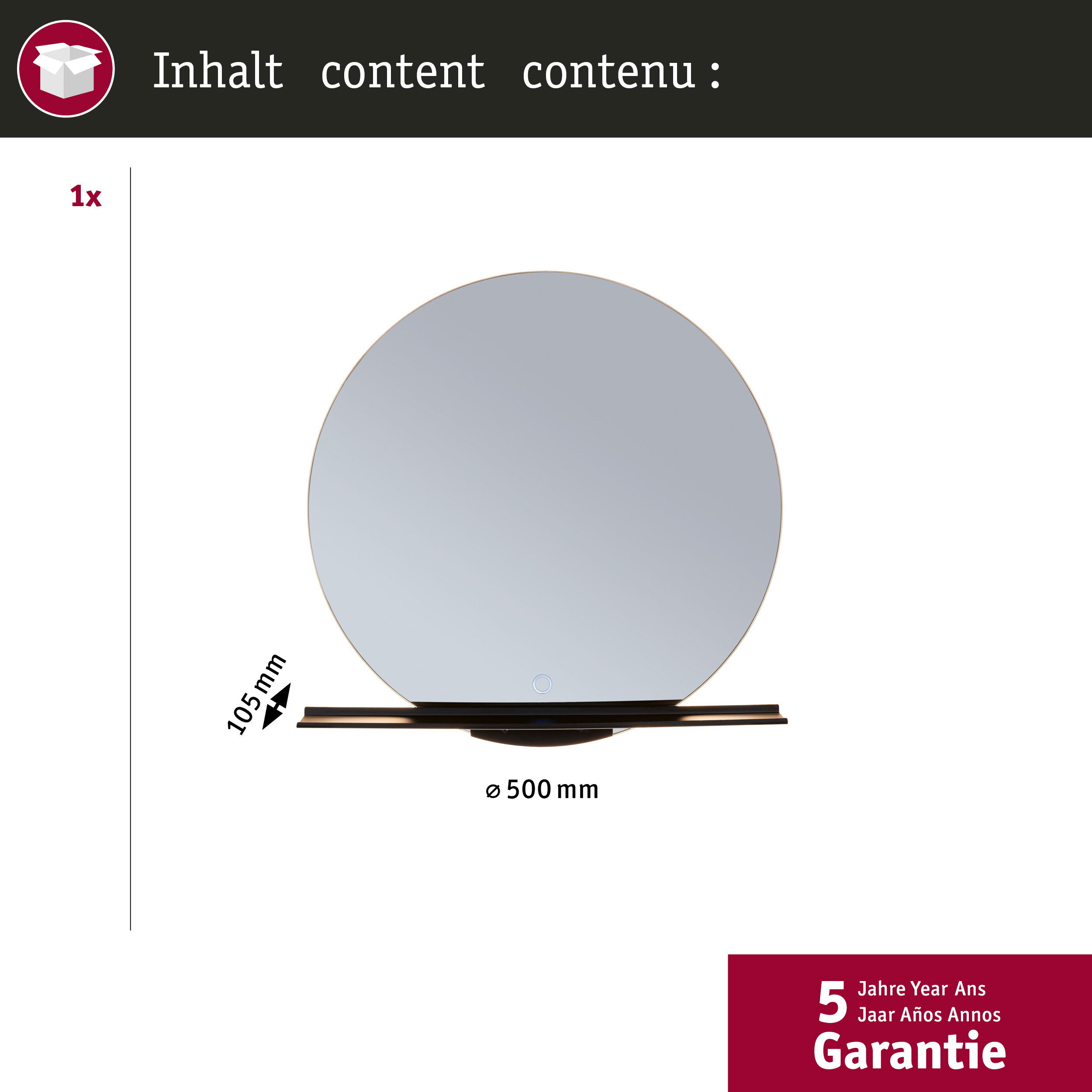 Diagram przedstawia okrągłe lustro z wymiarami na białym tle.