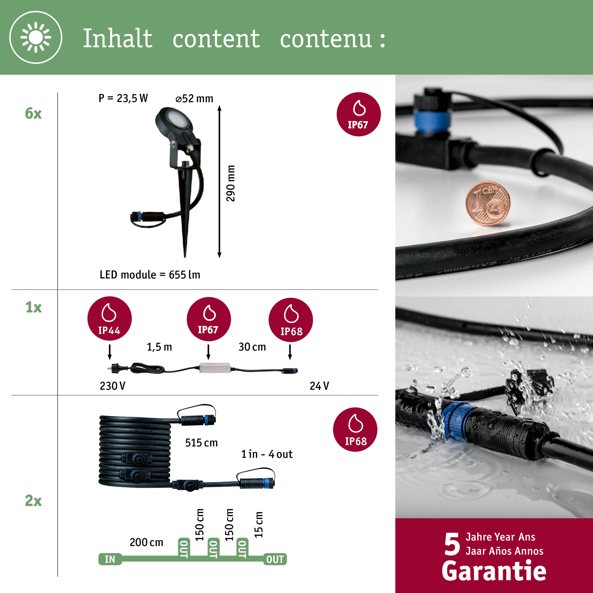 Diagram przedstawia specyfikacje oświetlenia zewnętrznego, w tym wymiary i inne szczegóły techniczne.