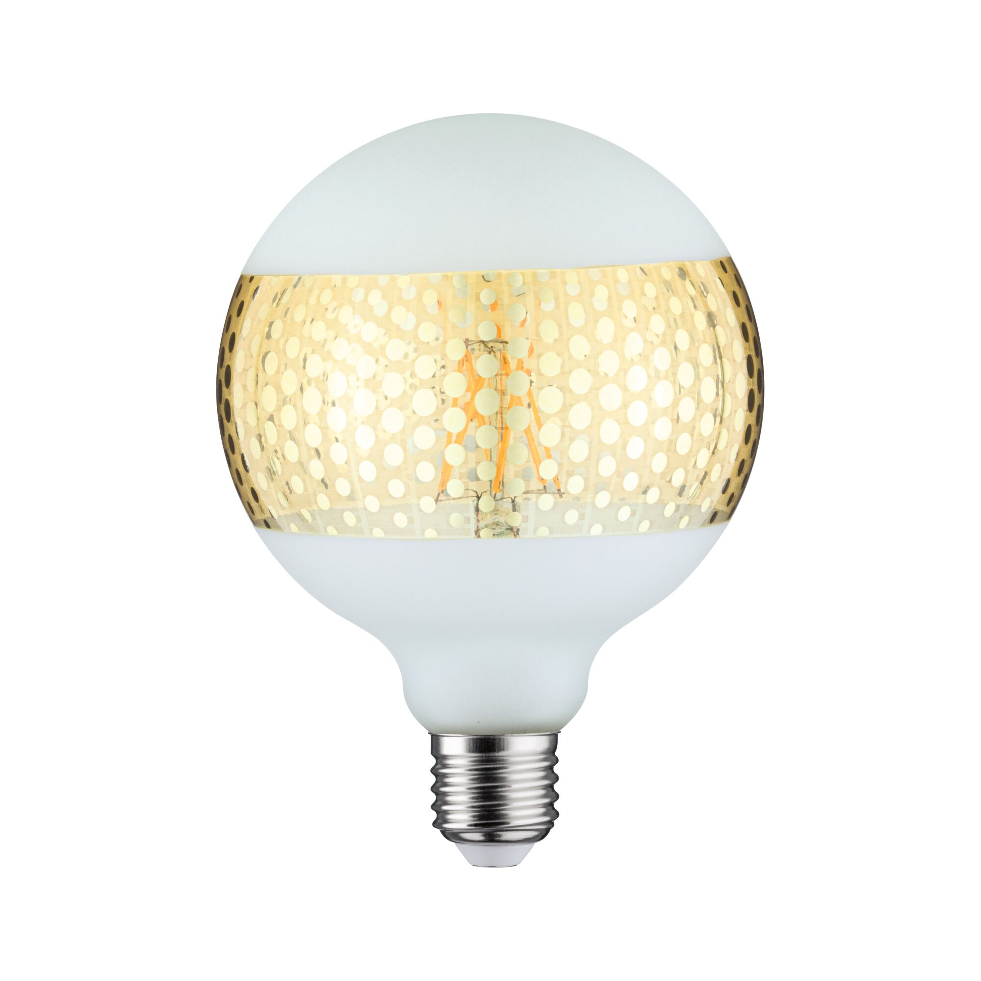 Una lampadina con una parte superiore e inferiore bianca e un centro a rete dorata, isolata su uno sfondo bianco.