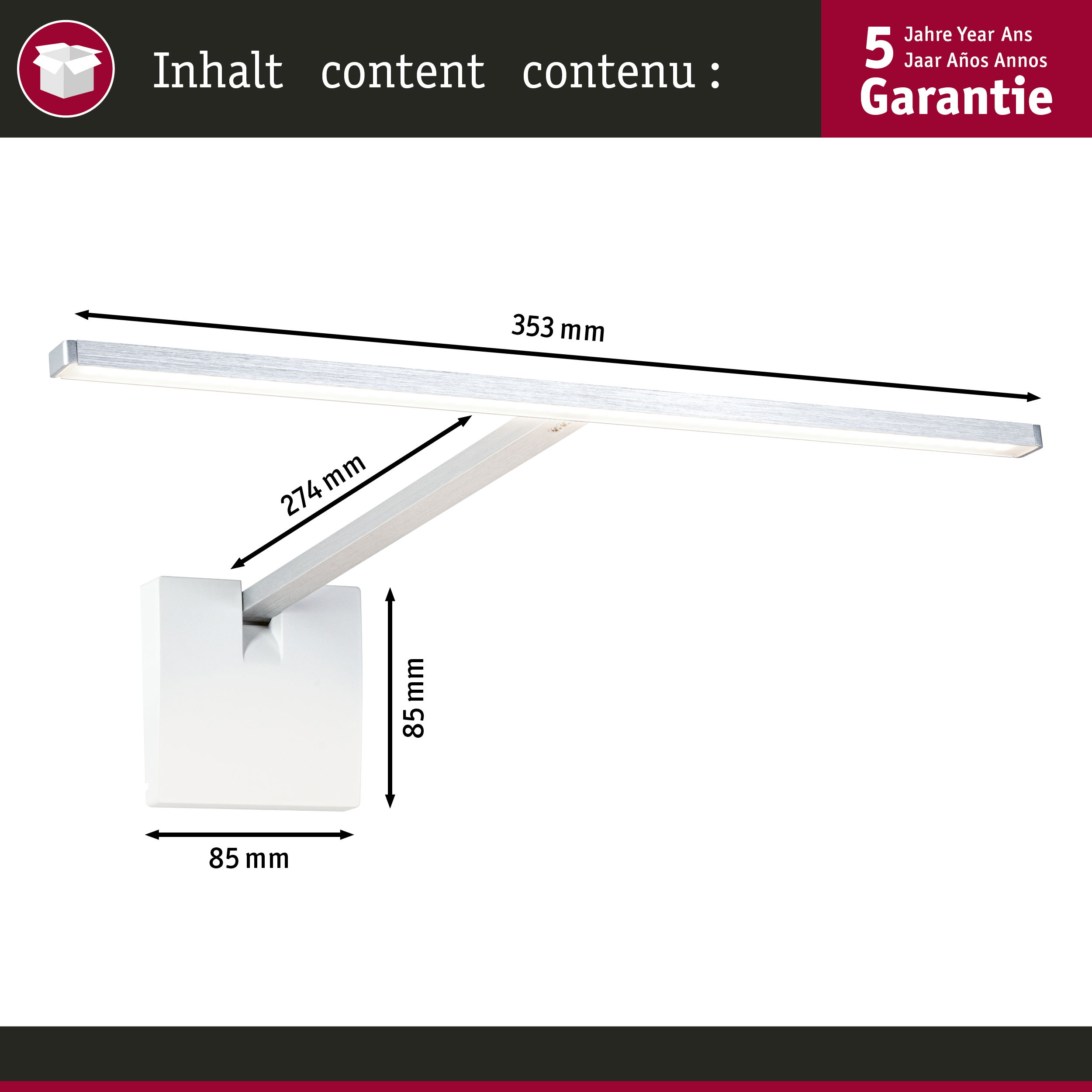 Diagram przedstawiający wymiary białej lampy biurkowej z prostokątną podstawą i długą, cienką oprawą oświetleniową.