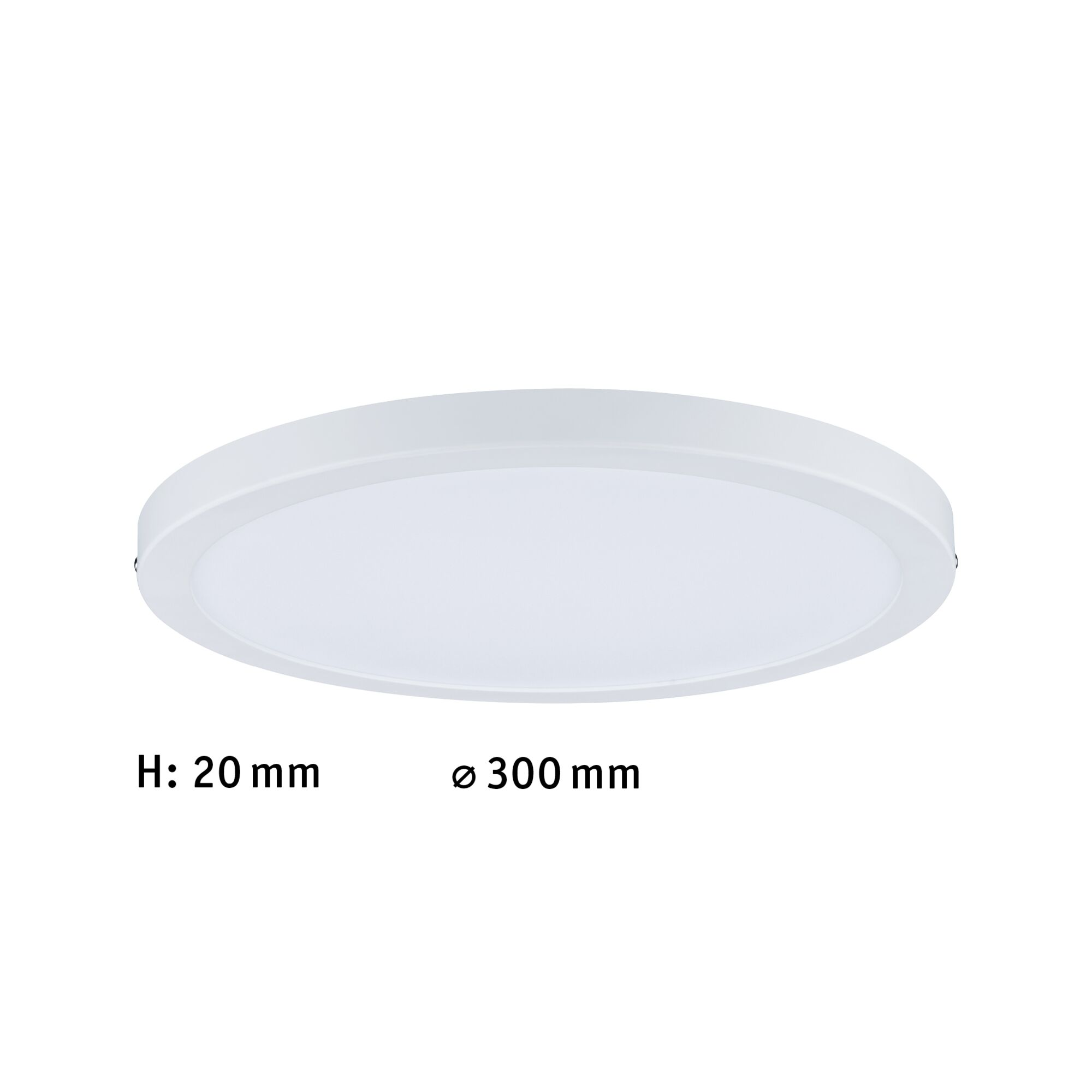 Una lampada da soffitto rotonda e bianca è centrata su uno sfondo bianco. La luce ha un design semplice e moderno.