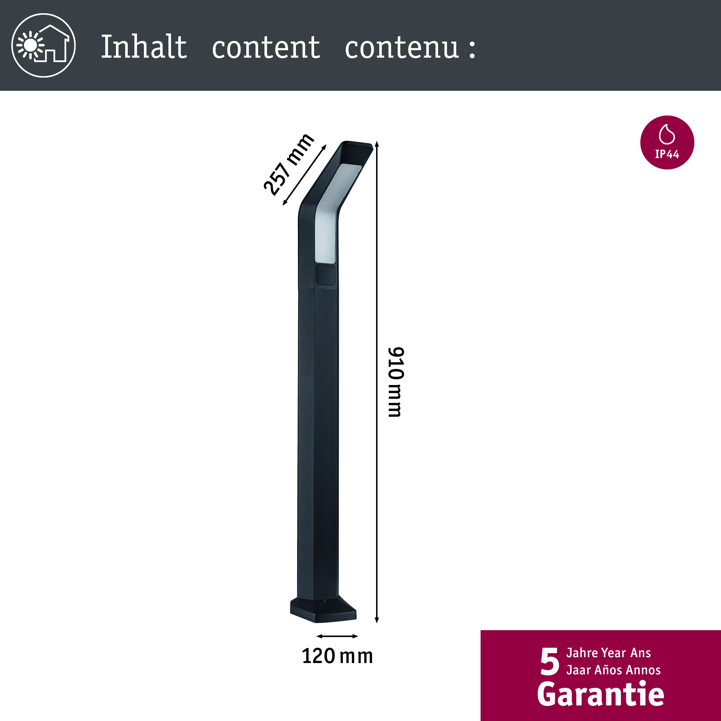 Czarna oprawa oświetleniowa zewnętrzna z wymiarami jest pokazana na białym tle.