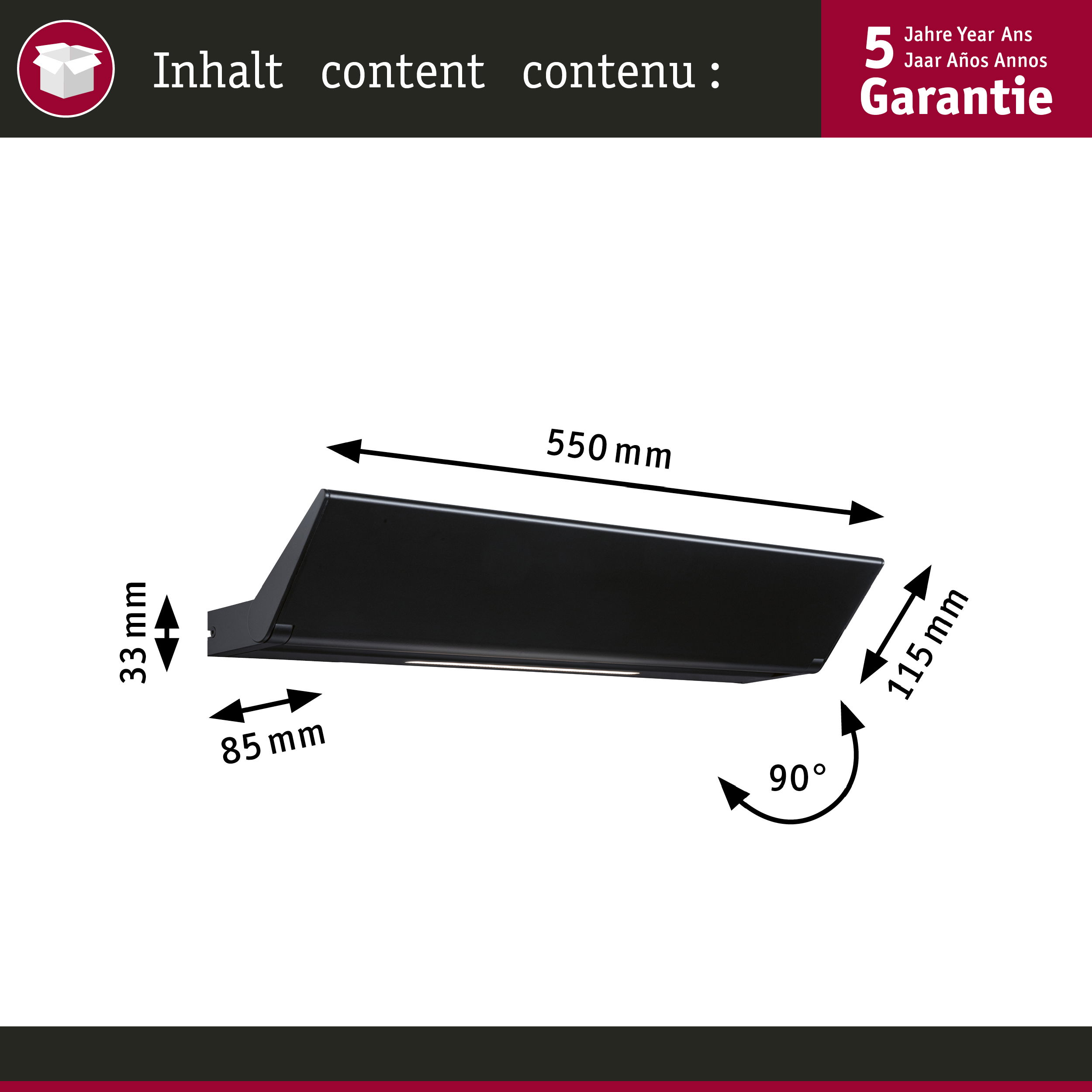 Eine schwarze Leuchte mit Abmessungen wird auf weißem Hintergrund gezeigt.