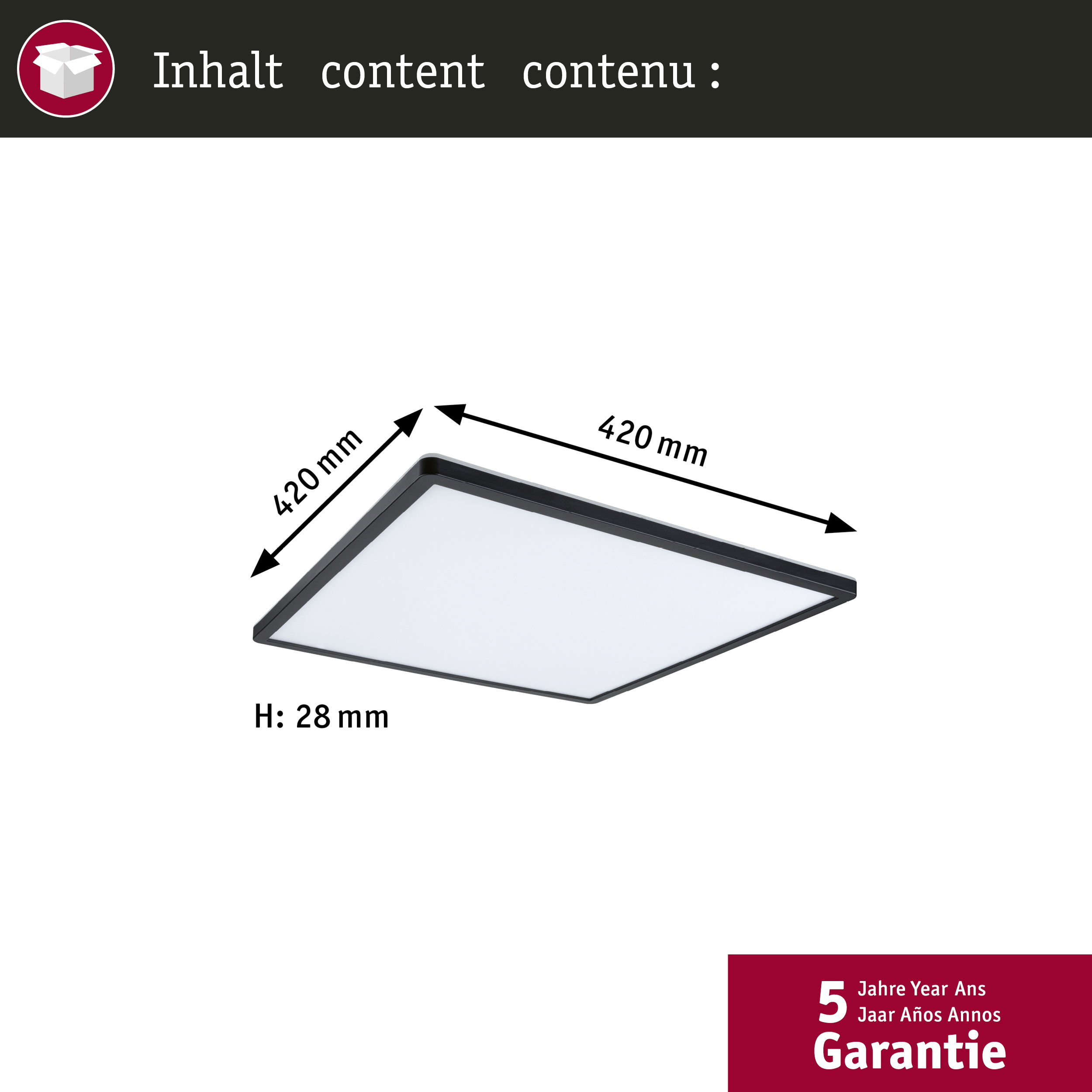 Pokazano kwadratową, płaską, białą lampę sufitową z czarną obwódką i wymiarami.