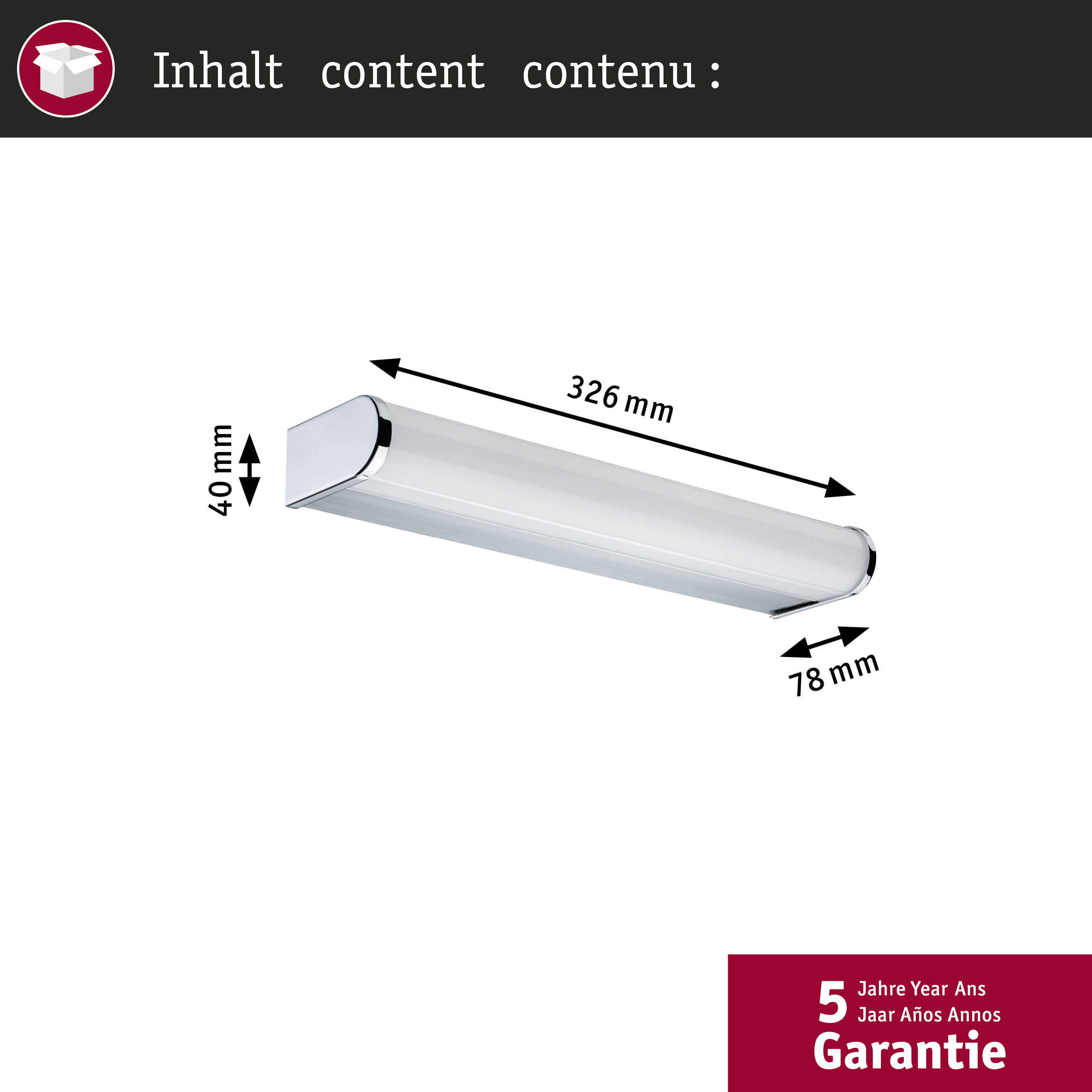 Das Bild zeigt eine weiße und silberne Leuchte mit Abmessungen vor einem schlichten Hintergrund.