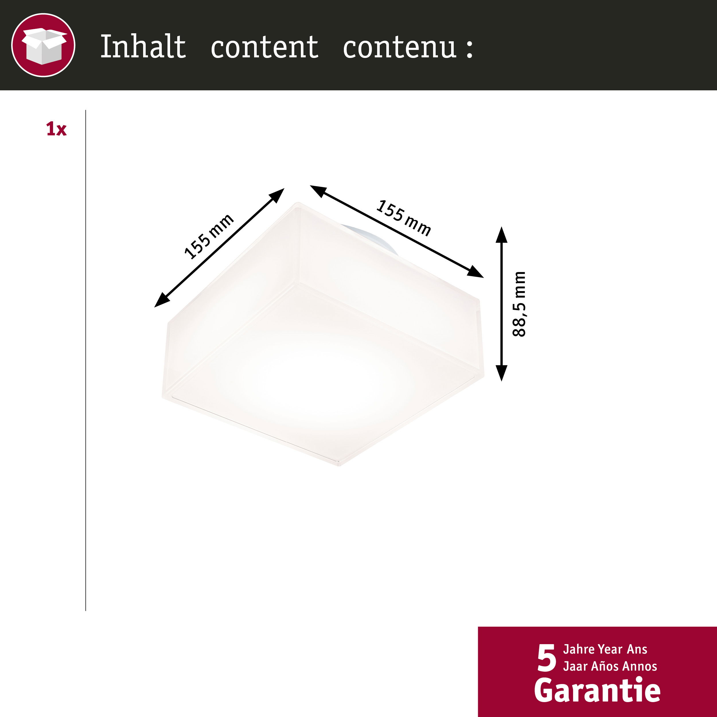 Eine weiße quadratische Deckenleuchte mit Abmessungen vor einem schlichten Hintergrund.