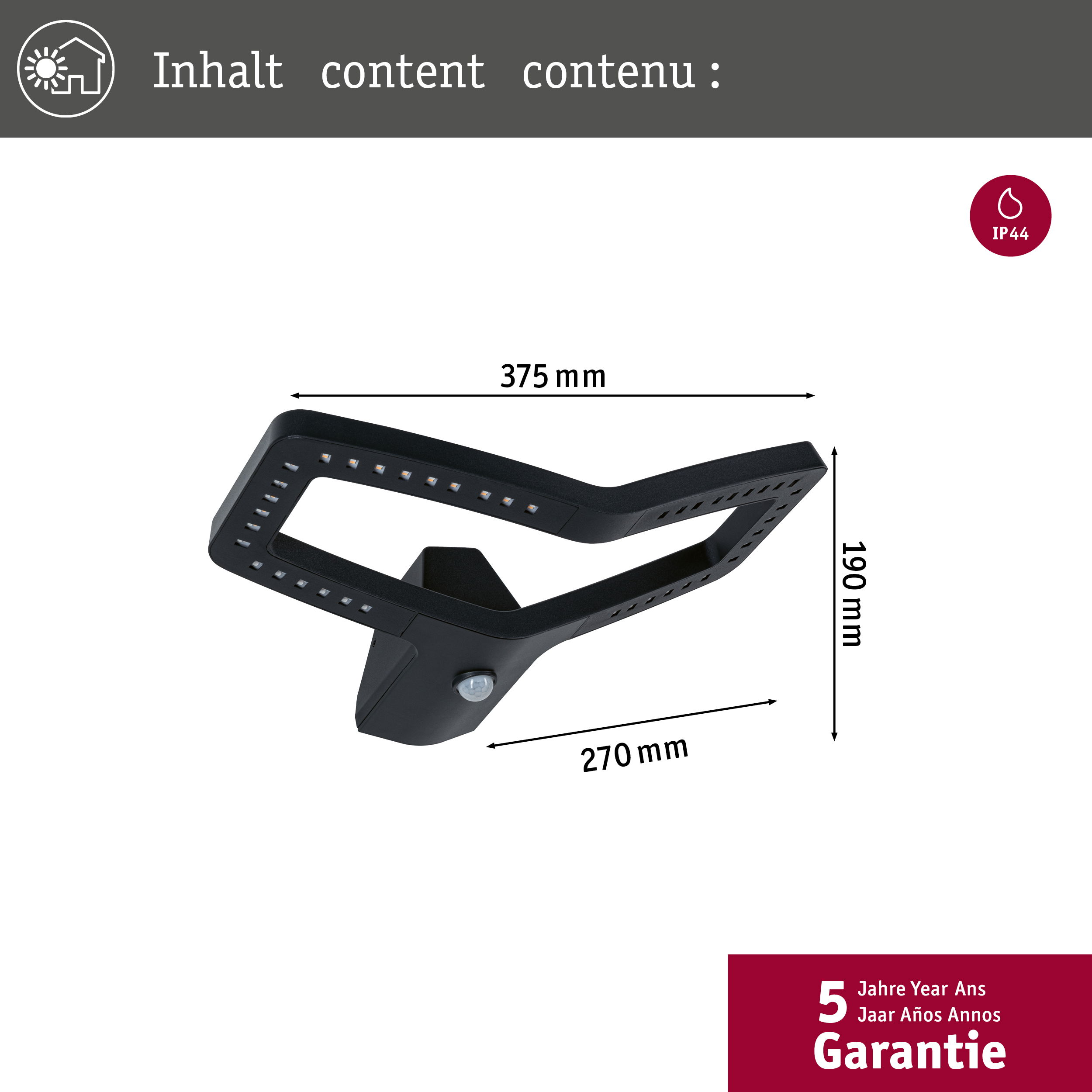 Czarna lampa zewnętrzna z wymiarami i 5-letnią etykietą gwarancyjną.