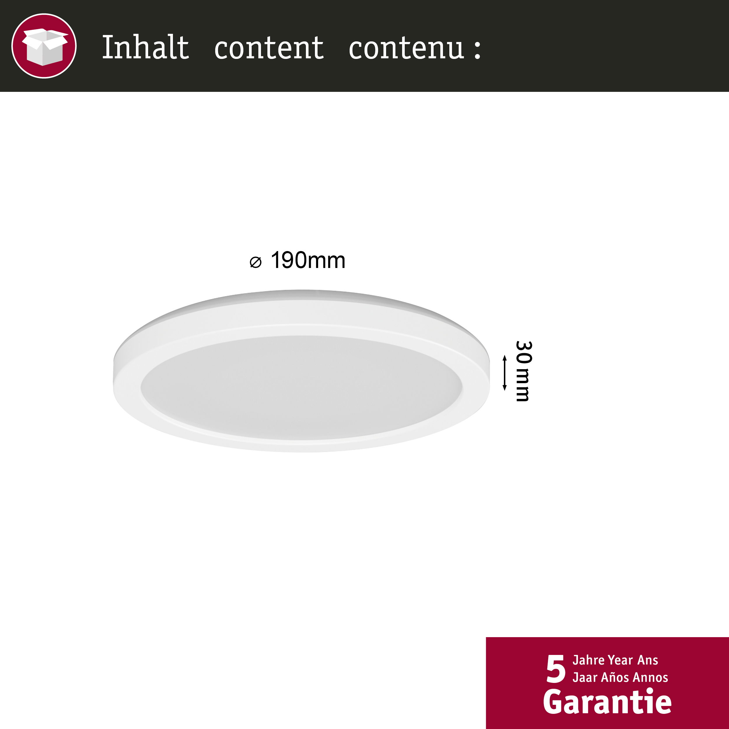 Diagramm mit den Abmessungen einer runden, weißen Deckenleuchte.
