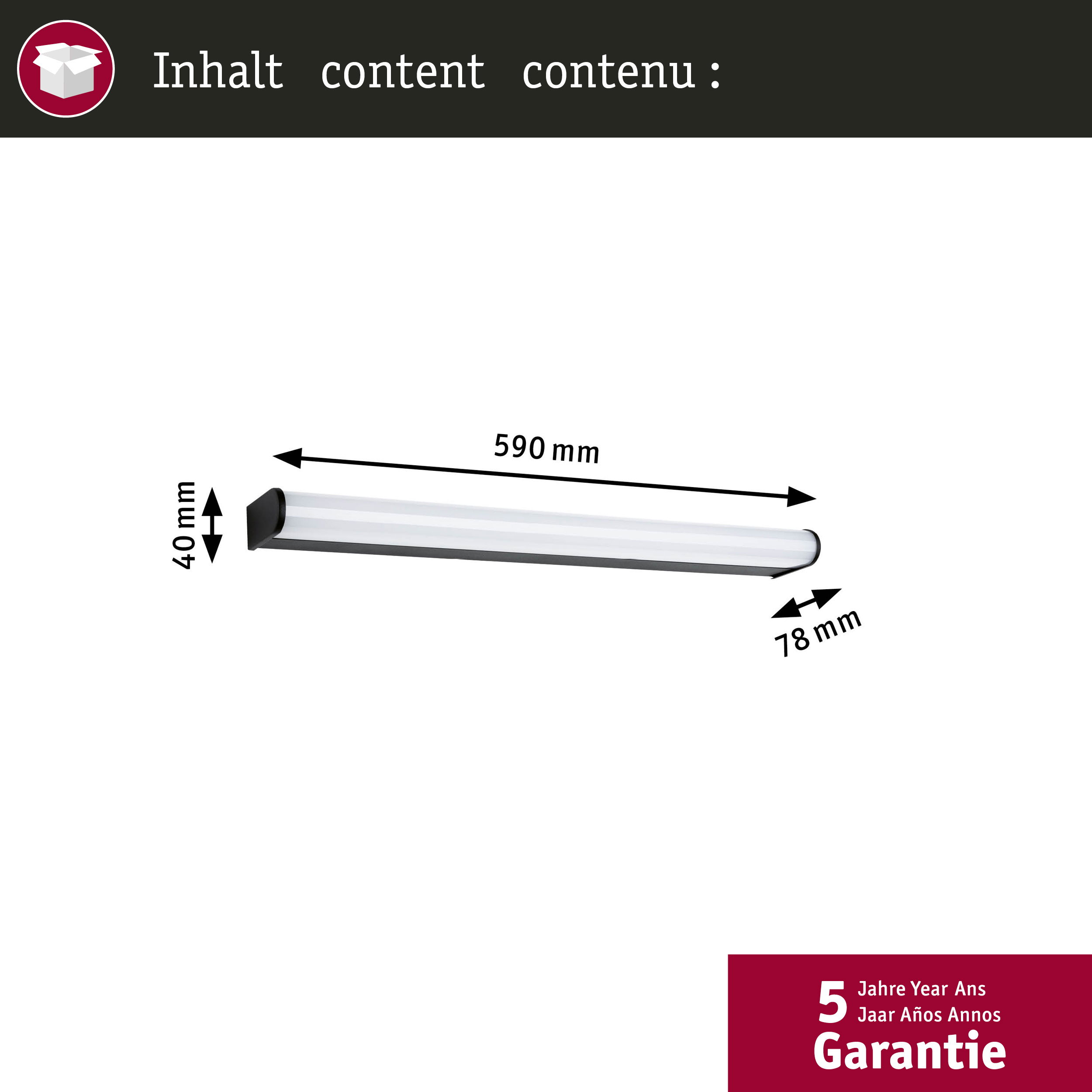 Diagramm mit den Abmessungen einer schwarz-weißen LED-Leuchte.