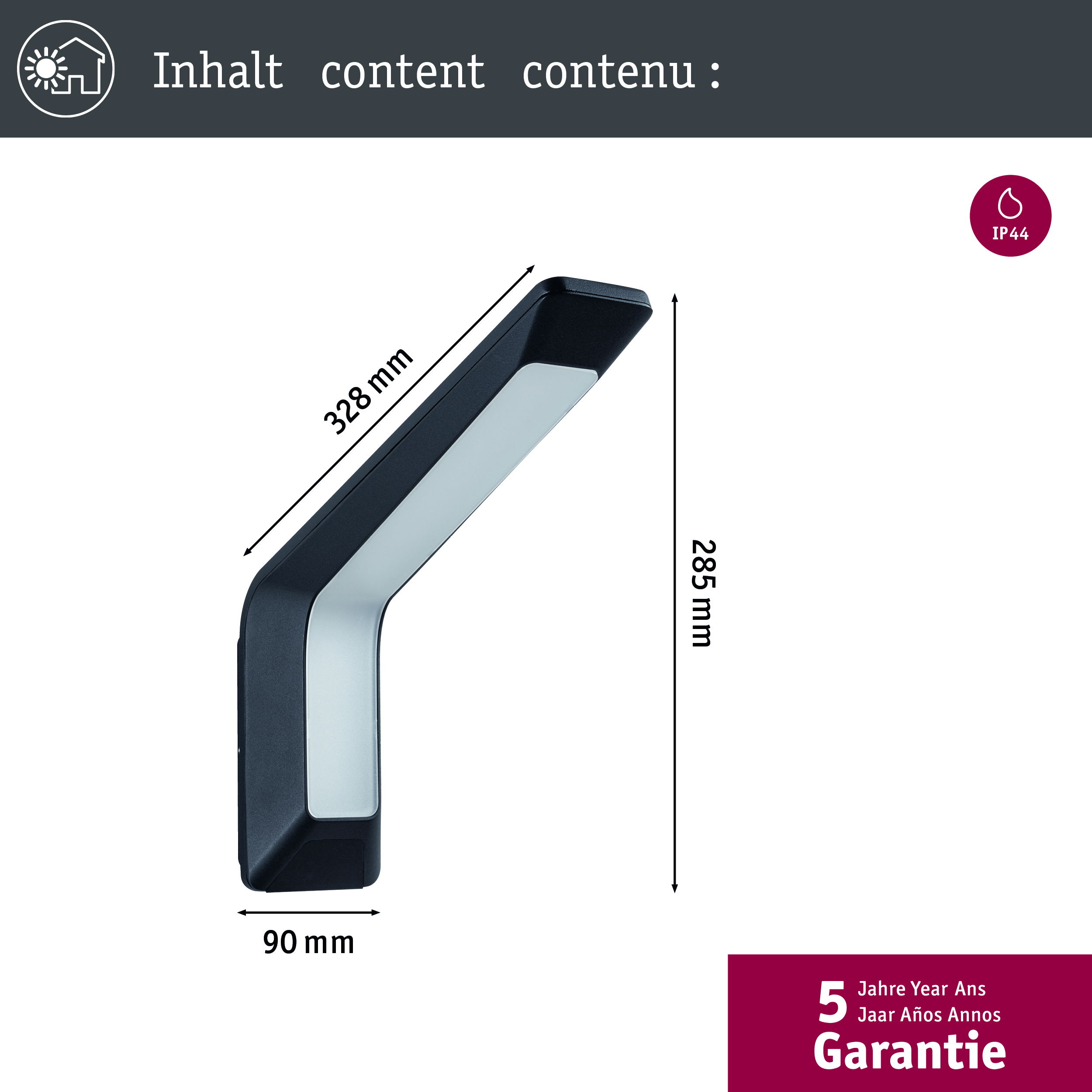 Schemat przedstawiający wymiary czarno-białej zewnętrznej lampy ściennej LED.
