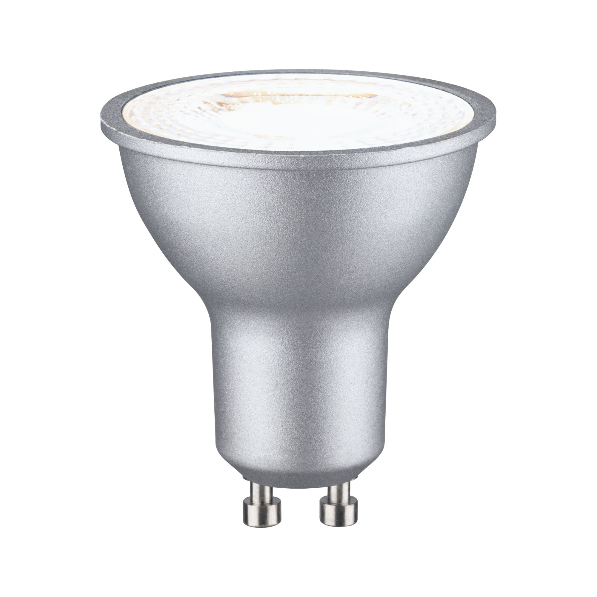 Eine silberne GU10 LED-Glühbirne mit metallischer Oberfläche und zwei Stiften an der Unterseite.