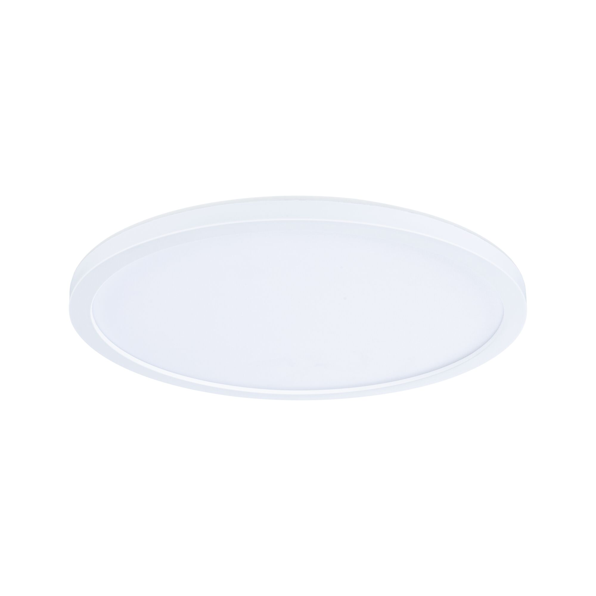 Biała, okrągła lampa sufitowa LED, widziana z niskiego kąta na białym tle.