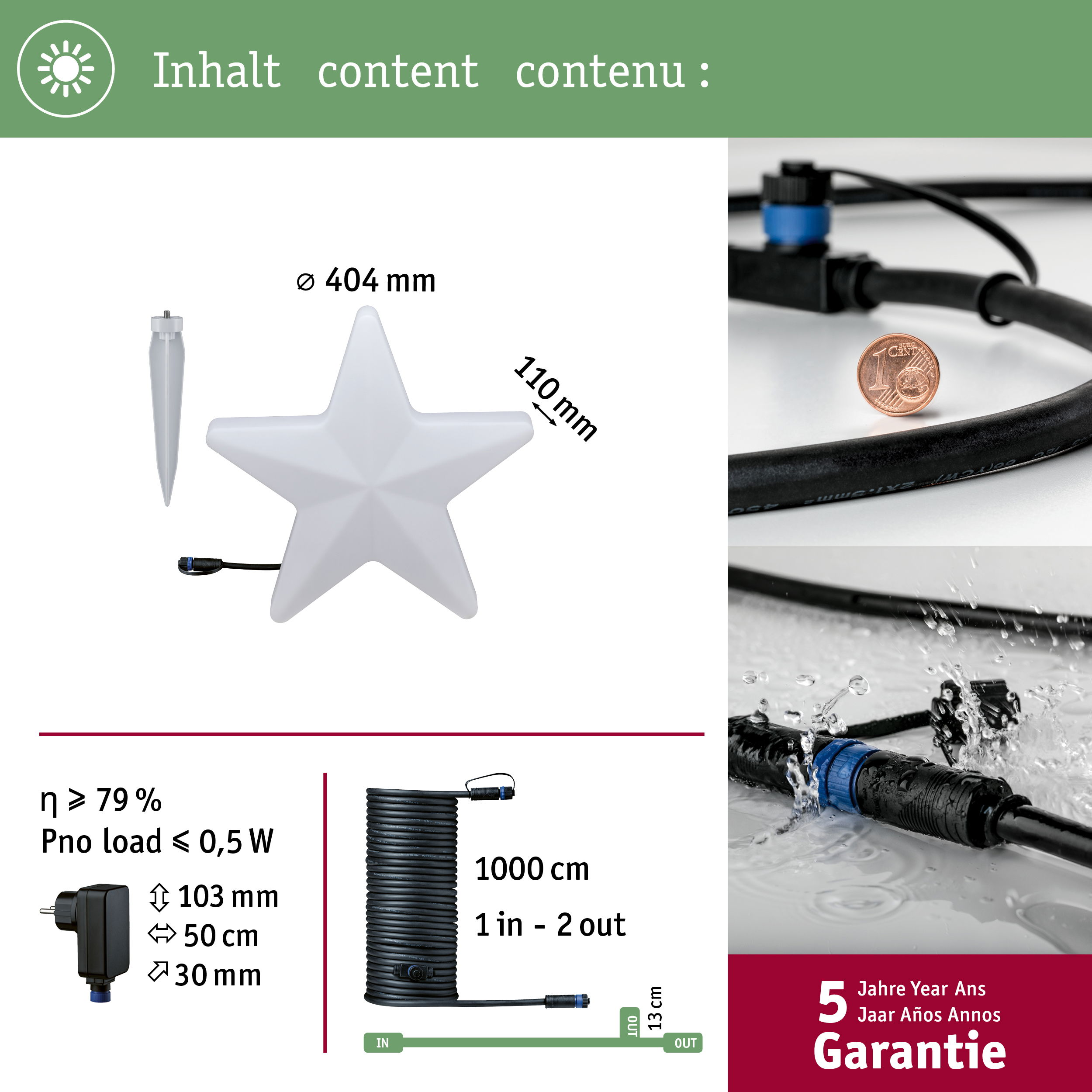 Schemat z oświetleniem w kształcie gwiazdy. Ma 404 mm szerokości i czarny kabel.