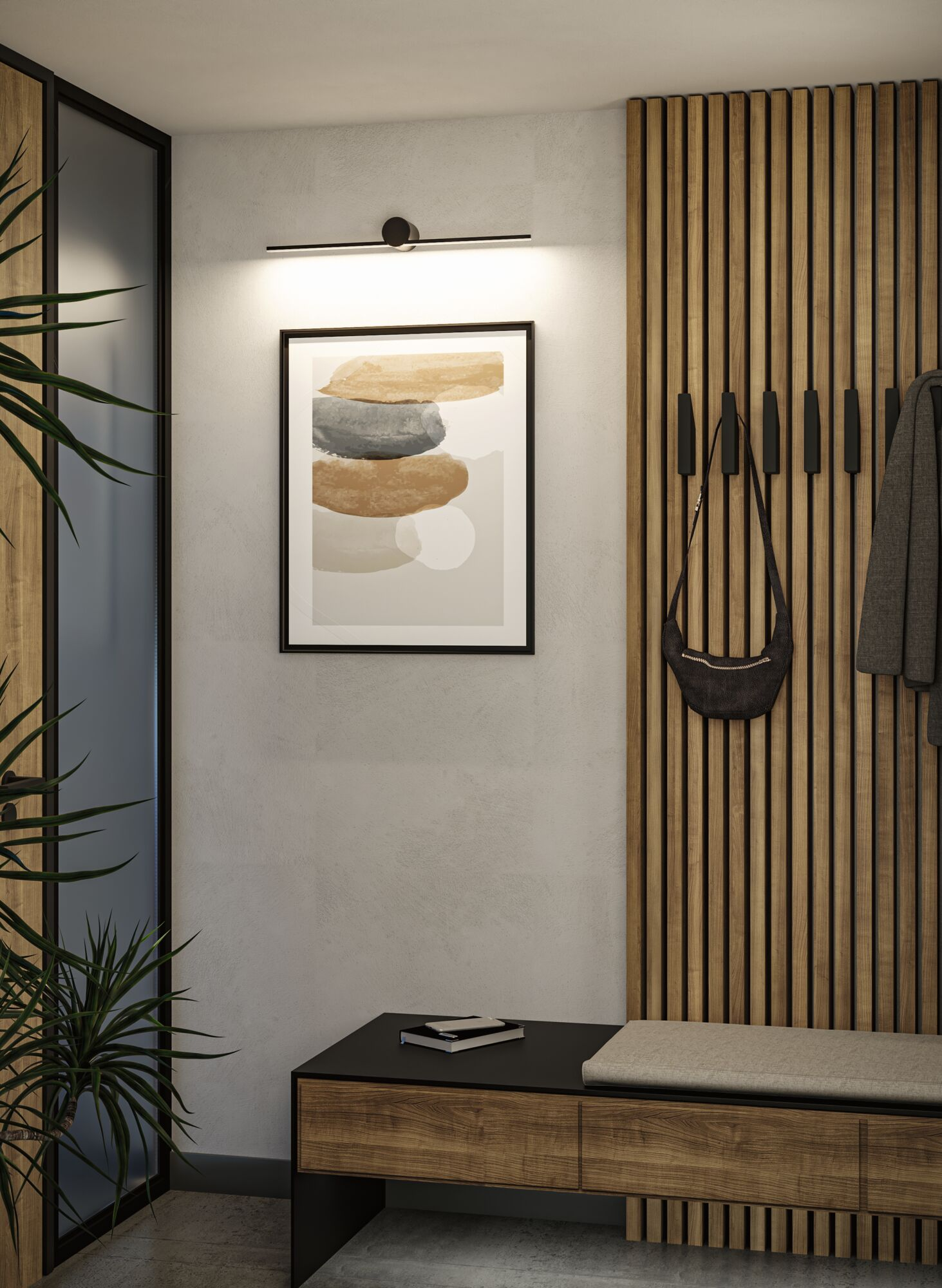 Flur mit Kunstwerken, linearer Beleuchtung, Bank und Pflanzen, die eine moderne, minimalistische Ästhetik schaffen.