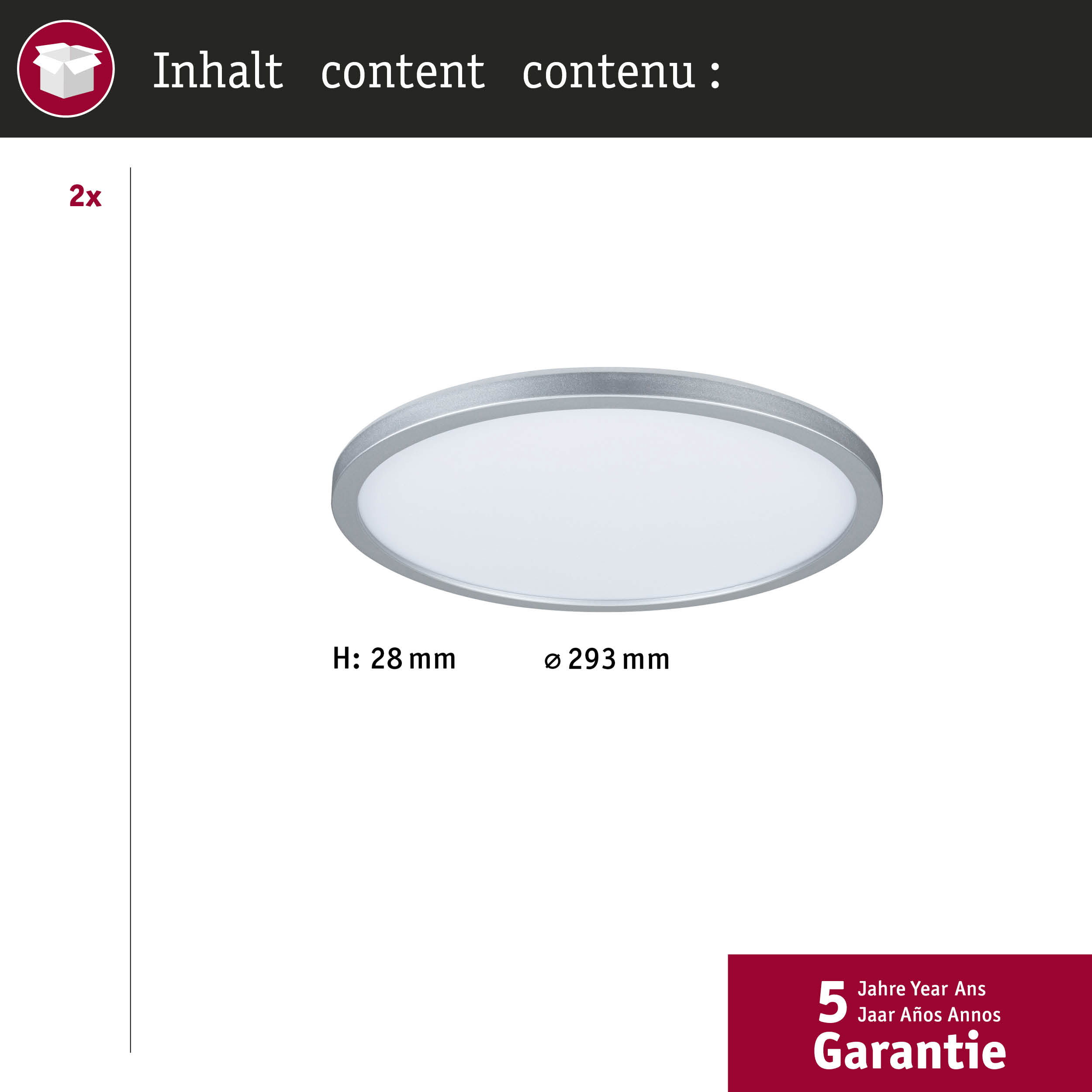 Srebrna okrągła lampa sufitowa z pomiarami na białym tle.