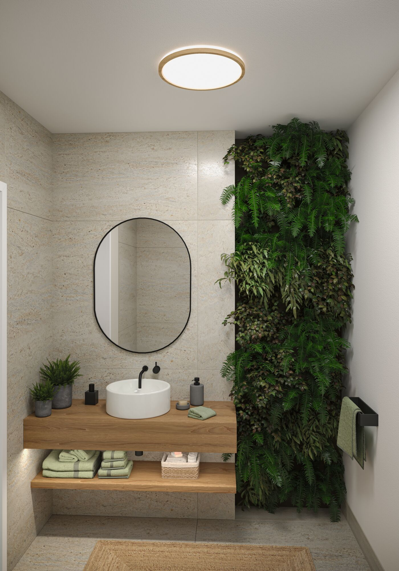 Badezimmer mit Pflanzen, ovalem Spiegel, weißem Waschbecken, Holzregalen und runder Deckenleuchte.