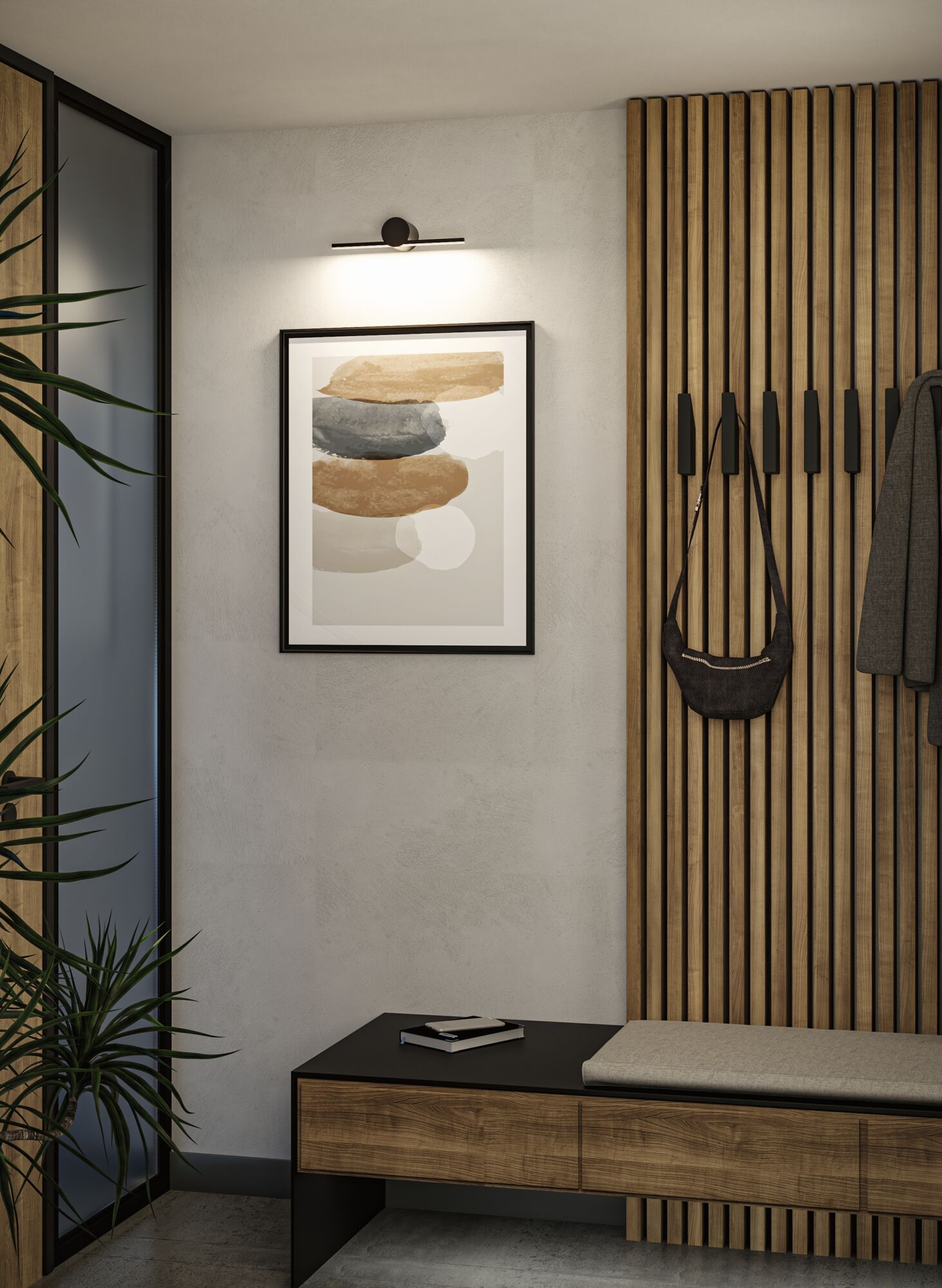 Eingangsbereich mit Kunstwerk, Bank, Garderobe und einer hohen grünen Pflanze.