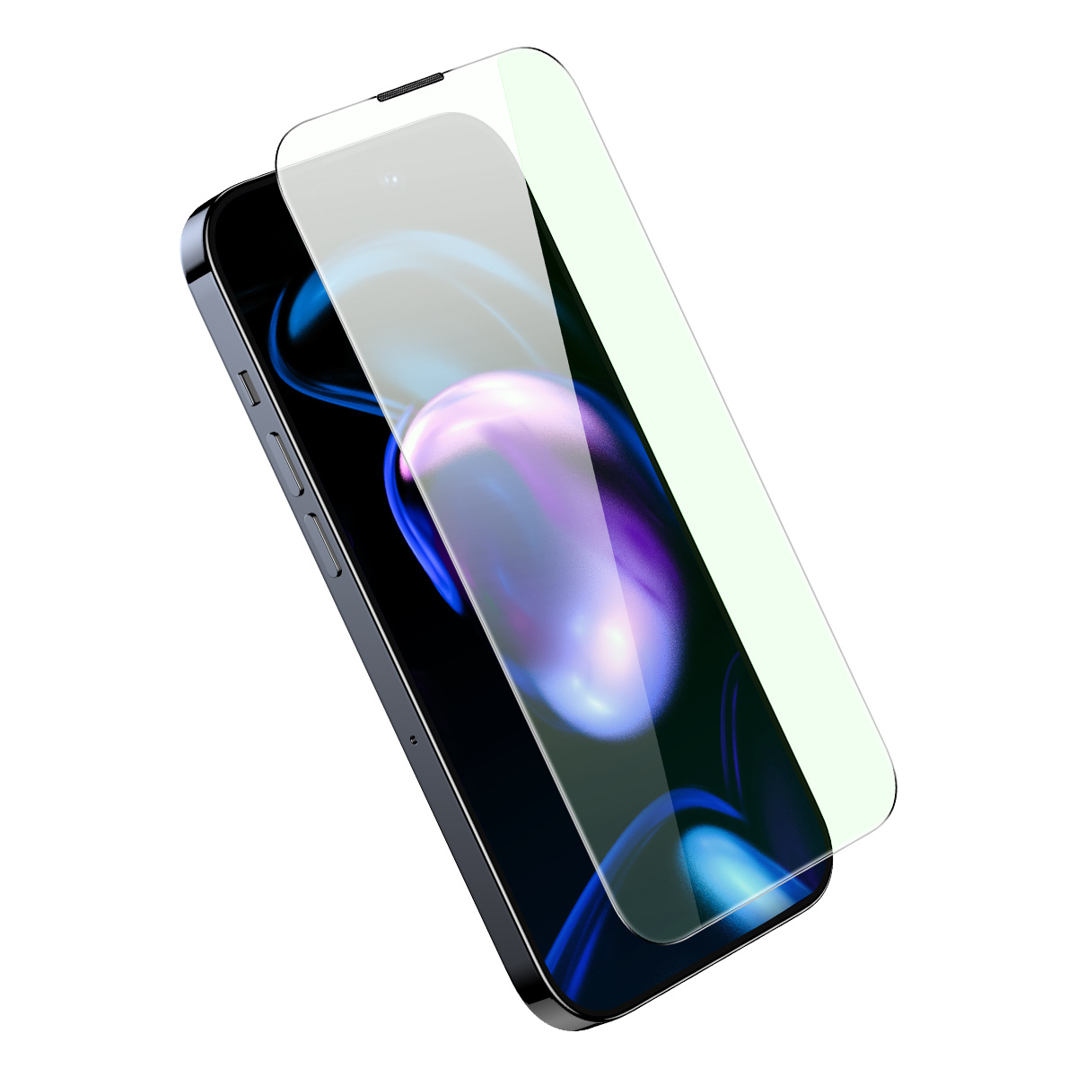 Pochylony szary telefon z folią ochronną wyświetla kolorowy, abstrakcyjny wzór.