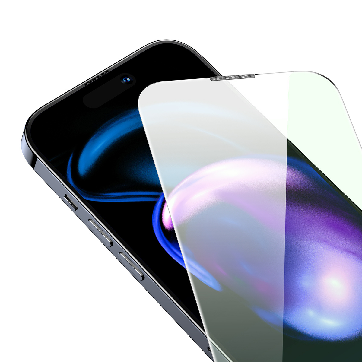 Czarny telefon z folią ochronną wyświetla kolorowy, abstrakcyjny wzór.