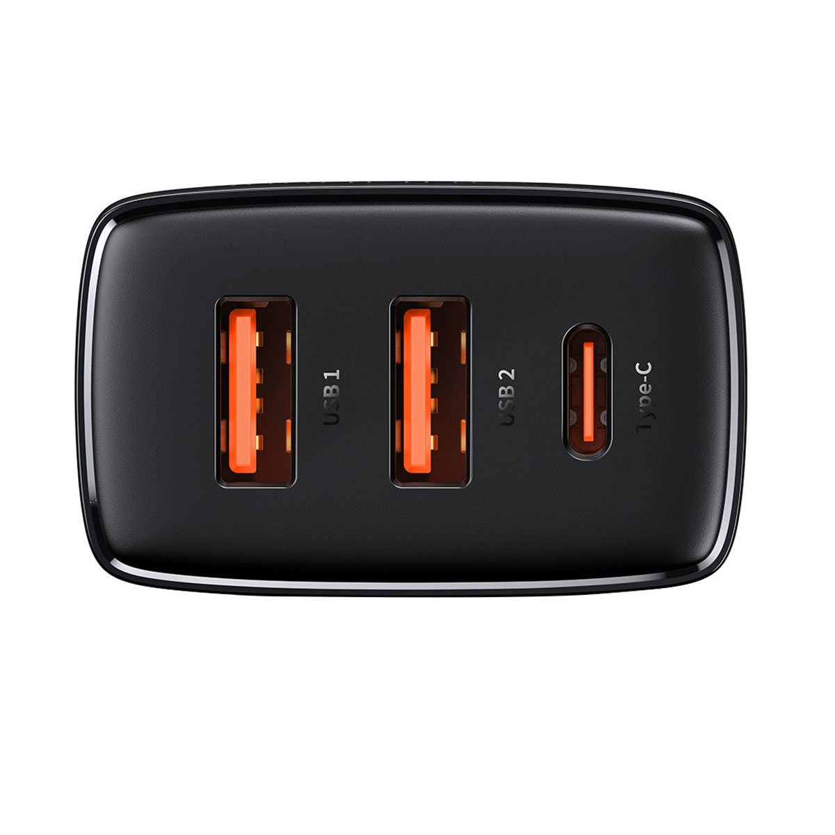 Czarny blok ładowania z trzema portami oznaczonymi jako USB 1, USB 2 i Type-C na białym tle.