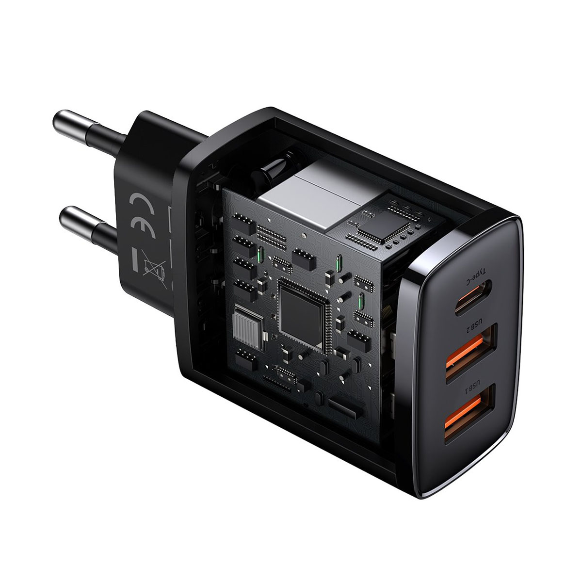 Czarna ładowarka z widocznymi wewnętrznymi elementami, w tym obwodami i portami do połączeń USB i Type-C.