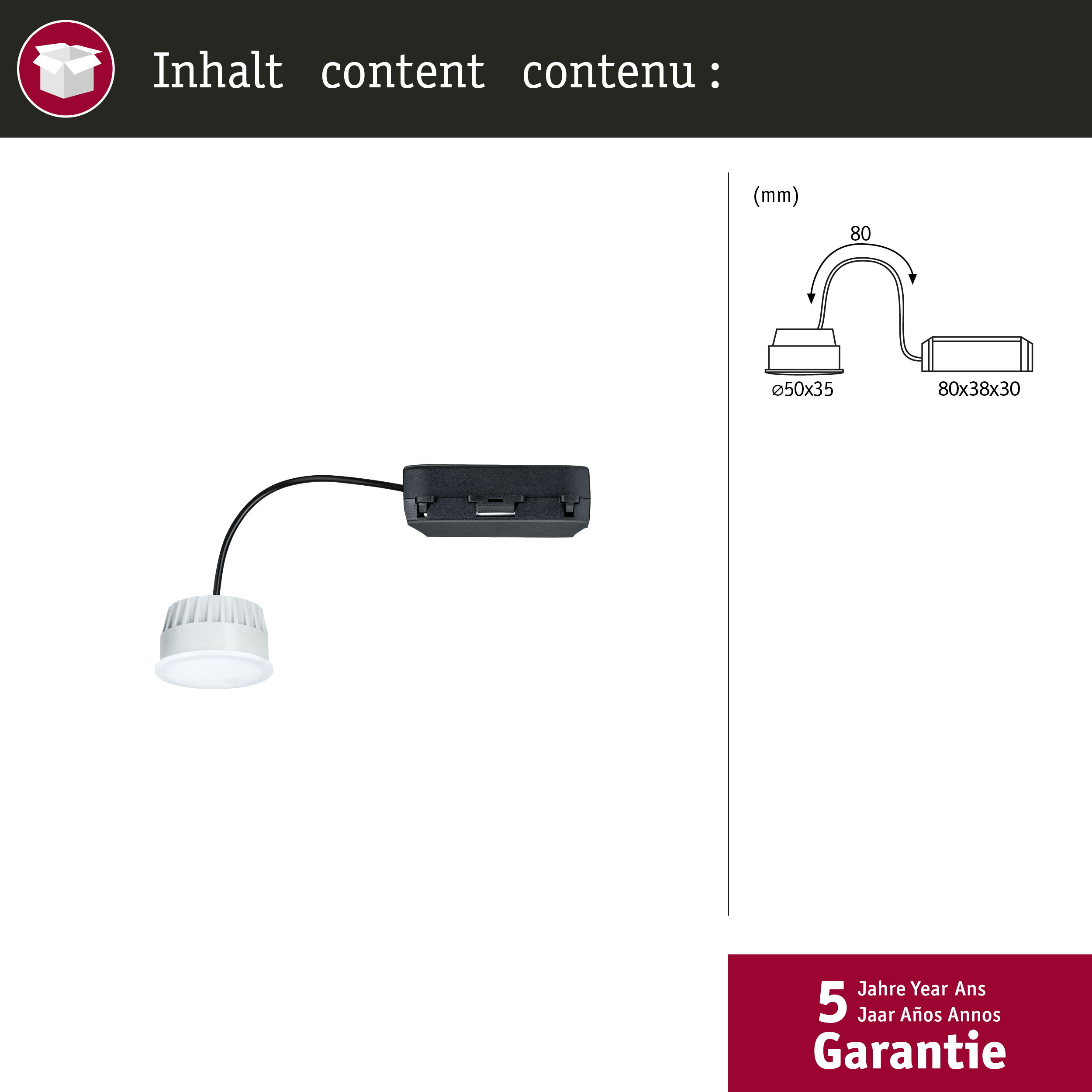 Schematyczny widok białej lampy LED podłączonej do czarnego adaptera, wraz z wymiarami technicznymi i informacjami o gwarancji.