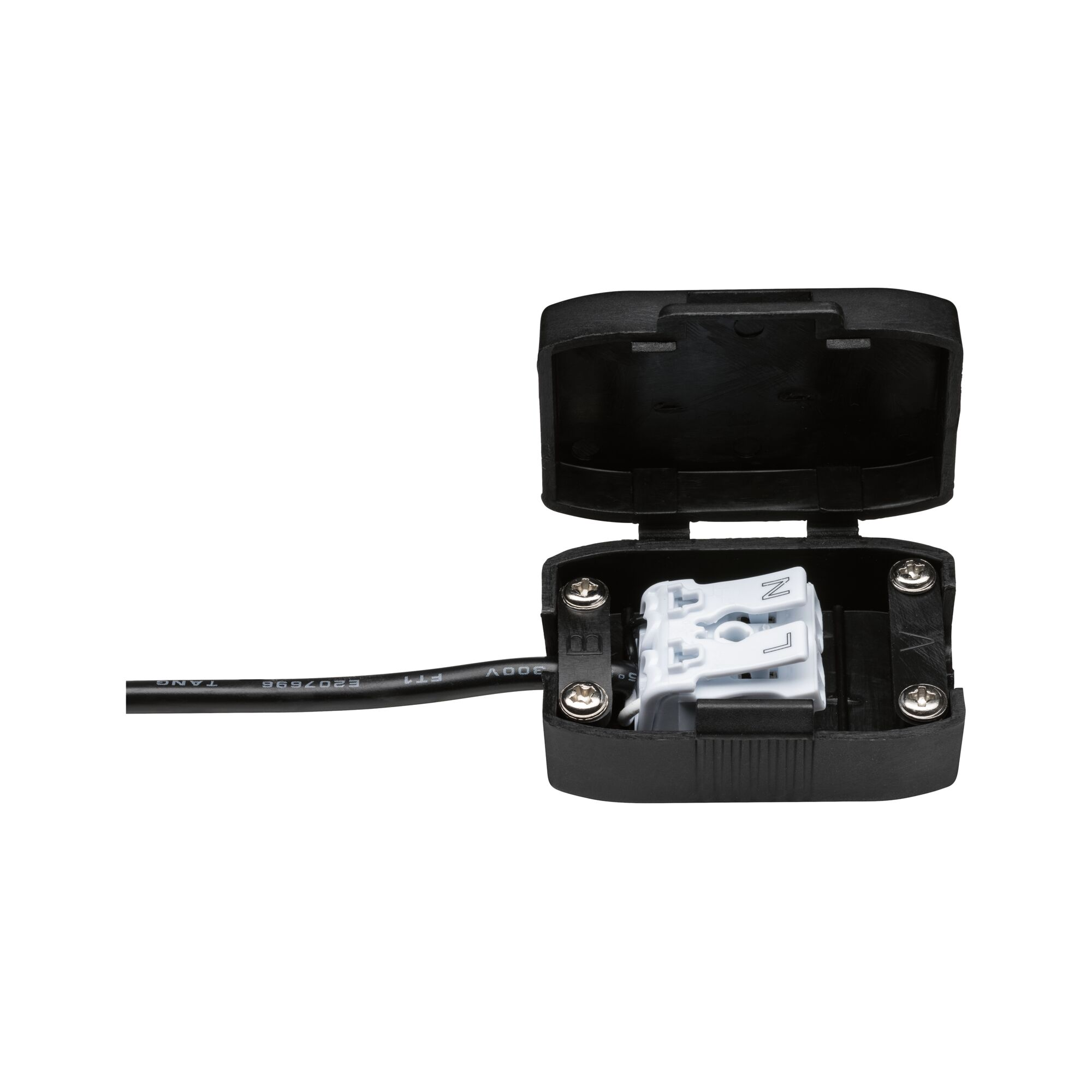 Otwarta czarna puszka elektryczna z widocznym okablowaniem i śrubami jest umieszczona na białym tle, pokazując jej komponenty.