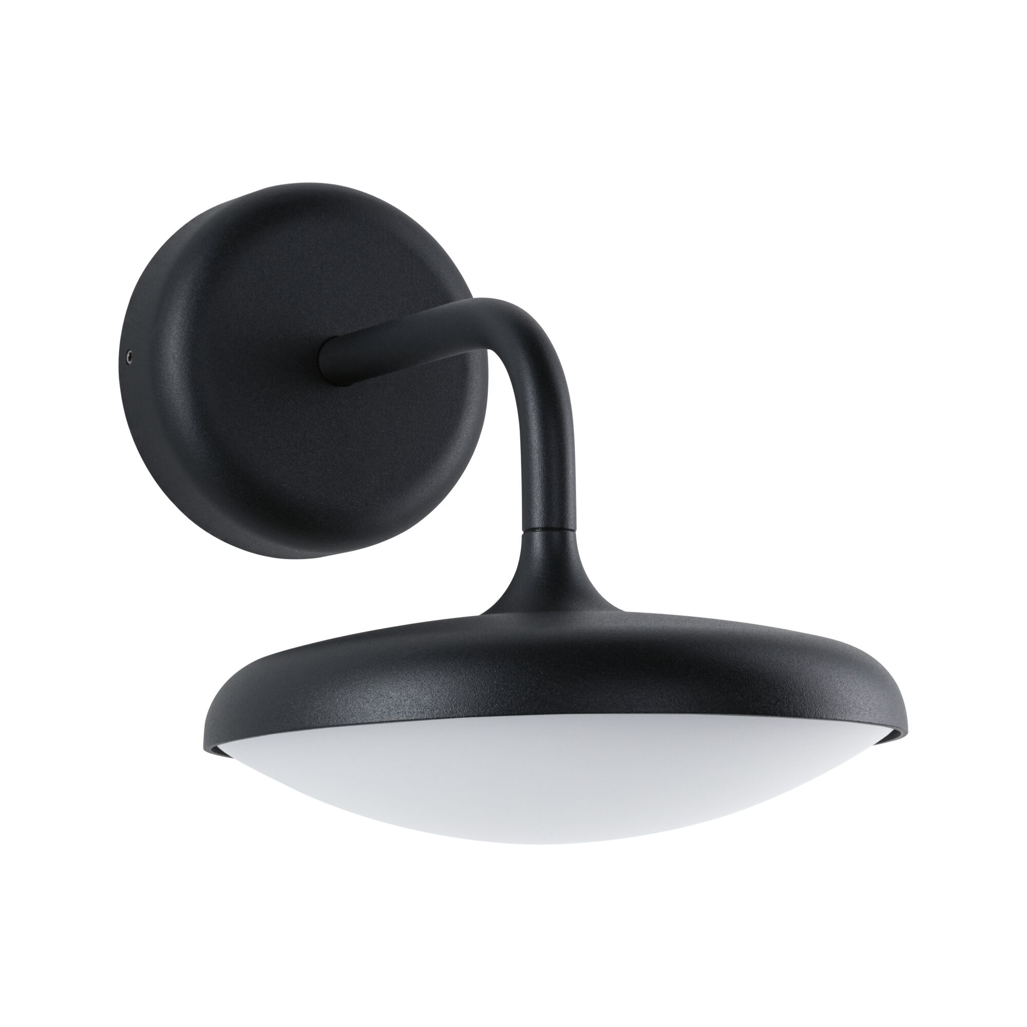 Eine schwarze Wandleuchte mit einem weißen Schirm wird vor einem weißen Hintergrund gezeigt, um ihr Design zu präsentieren.