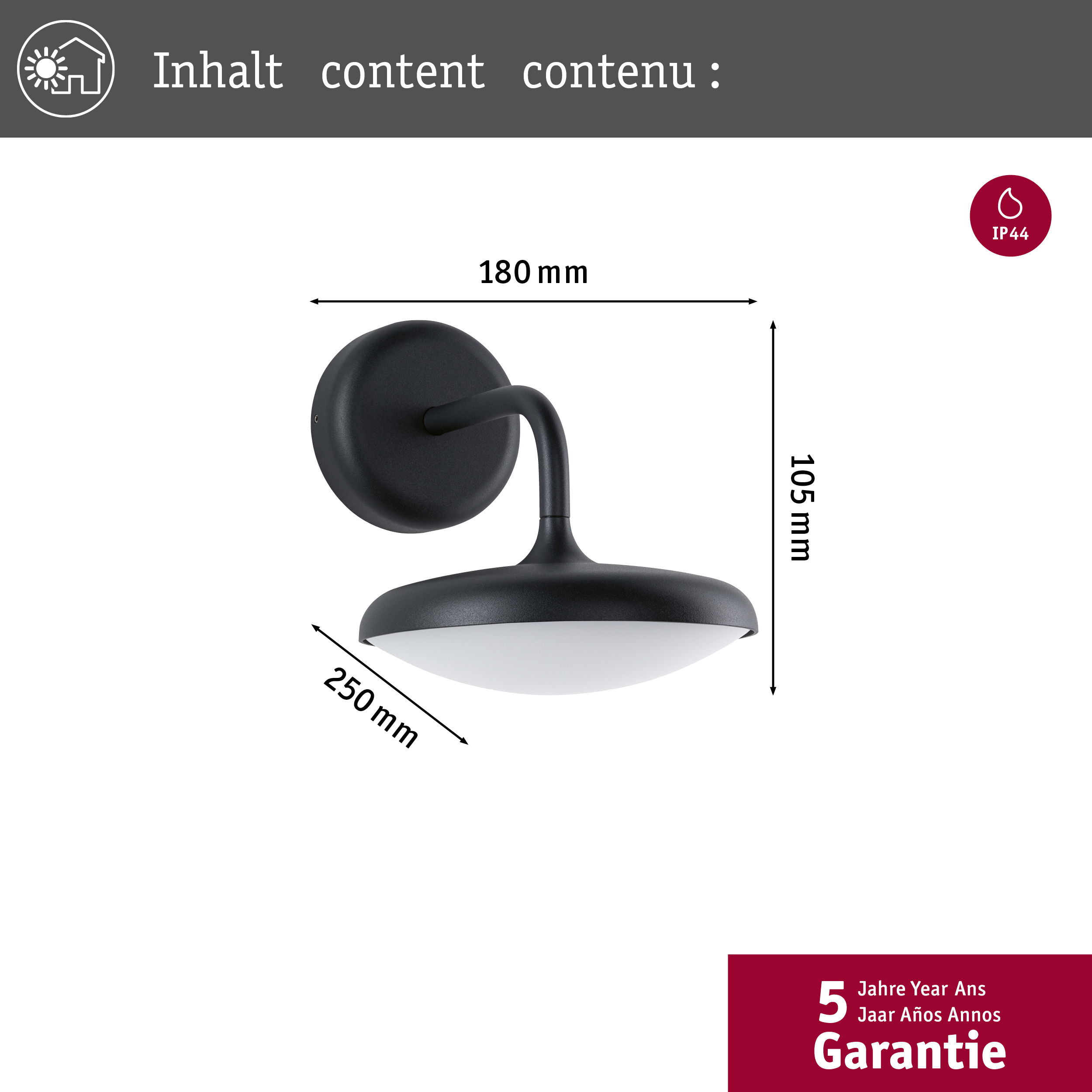 Diagramm einer schwarzen Wandleuchte mit weißem Schirm, das Abmessungen und einen Hinweis auf eine 5-Jahres-Garantie zeigt.