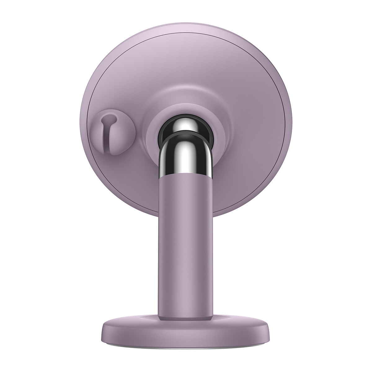 Wyświetlany jest lawendowy uchwyt na telefon z podstawą na przyssawkę, przeznaczony do użytku bez użycia rąk.