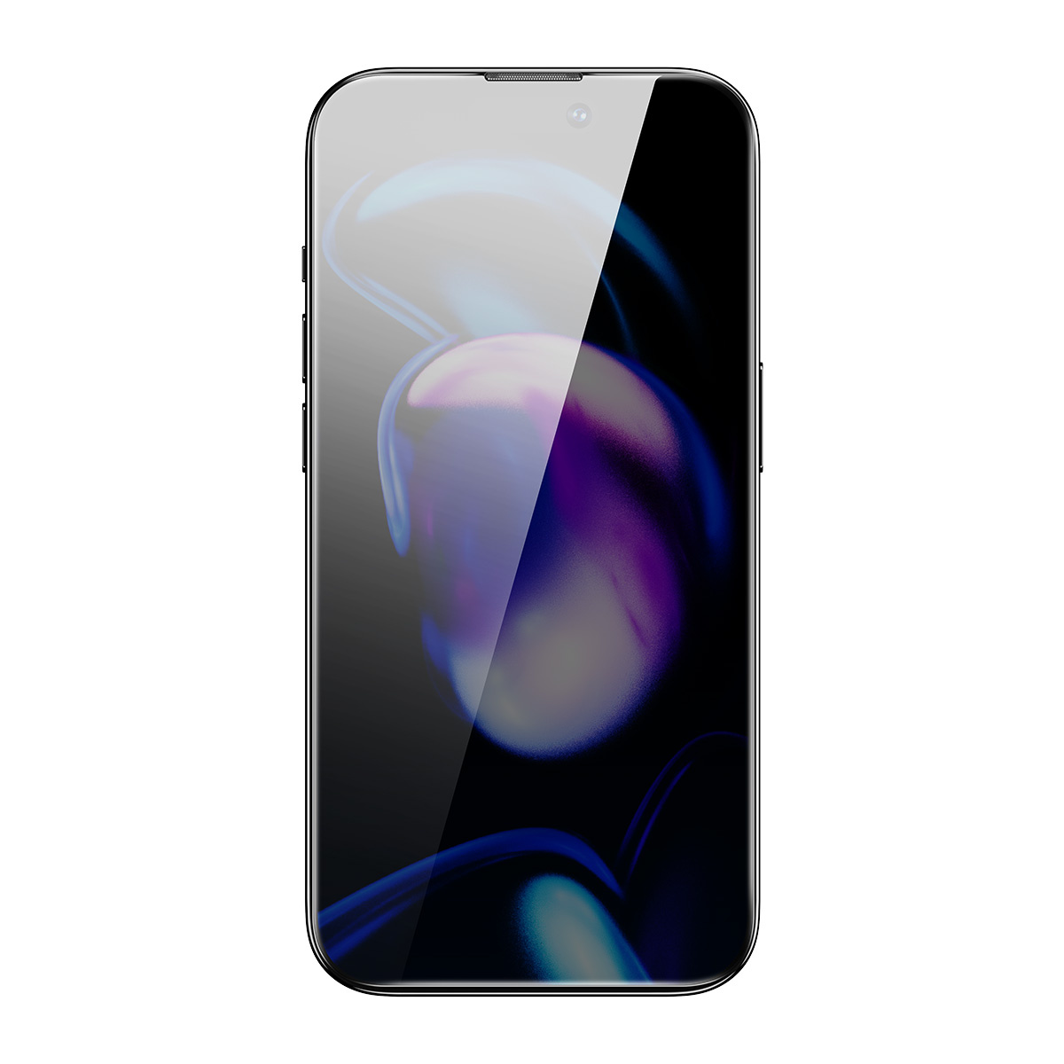 Smartfon z odblaskowym ekranem wyświetla abstrakcyjny, wirujący wzór w odcieniach niebieskiego, czarnego i białego.