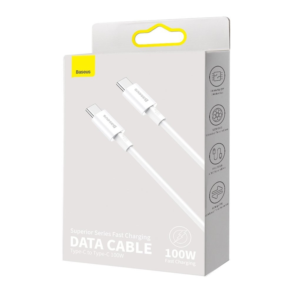 Opakowanie kabla do transmisji danych Baseus. Biały kabel ze złączami USB-C. Obsługuje szybkie ładowanie 100W.
