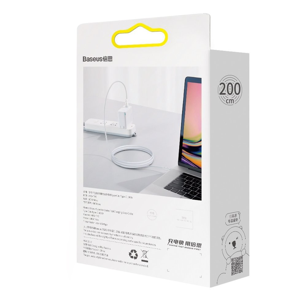 Opakowanie kabla ładującego Baseus pokazujące konfigurację laptopa i ładowarki. Długość kabla: 200cm.