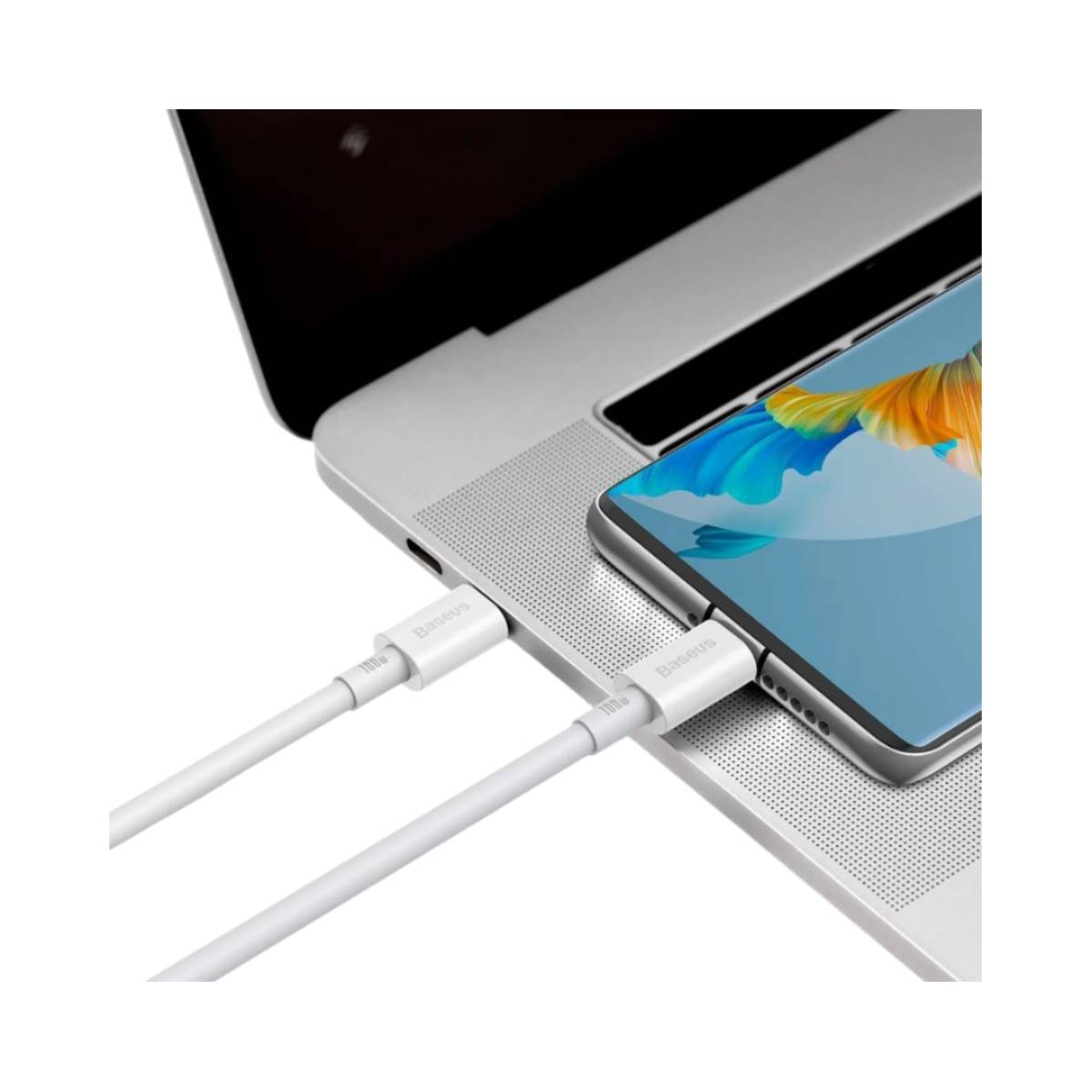 Laptop i telefon połączone białym kablem Baseus, pokazujące transfer danych lub ładowanie.