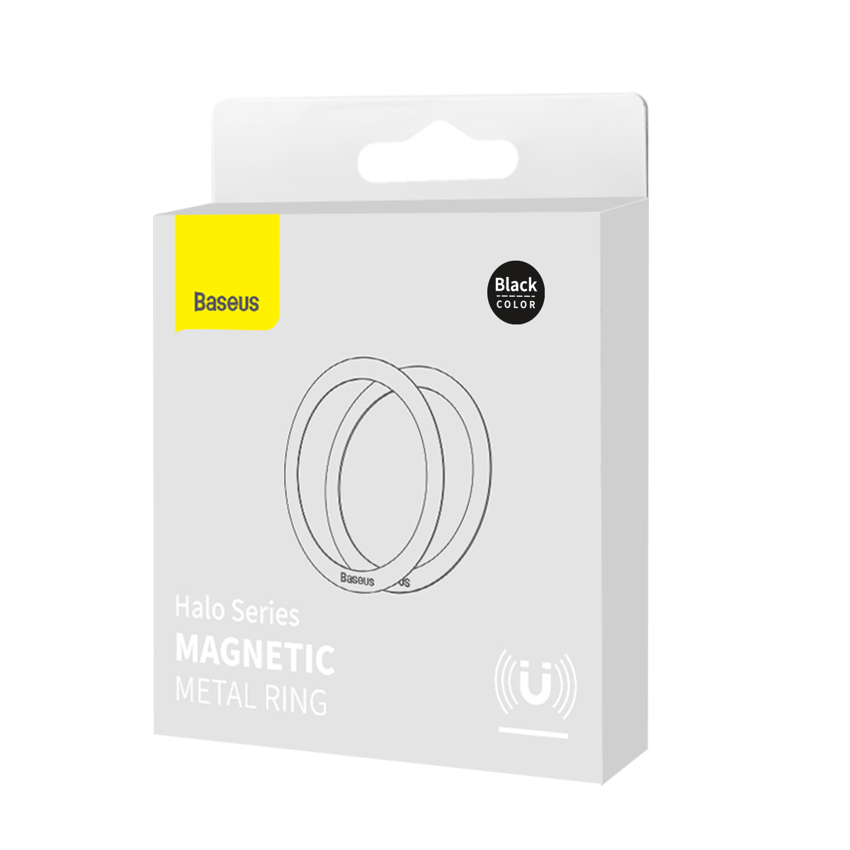 Białe pudełko z etykietą Baseus i czarnym pierścieniem pośrodku. Tekst: 'Halo Series Magnetic Metal Ring'.