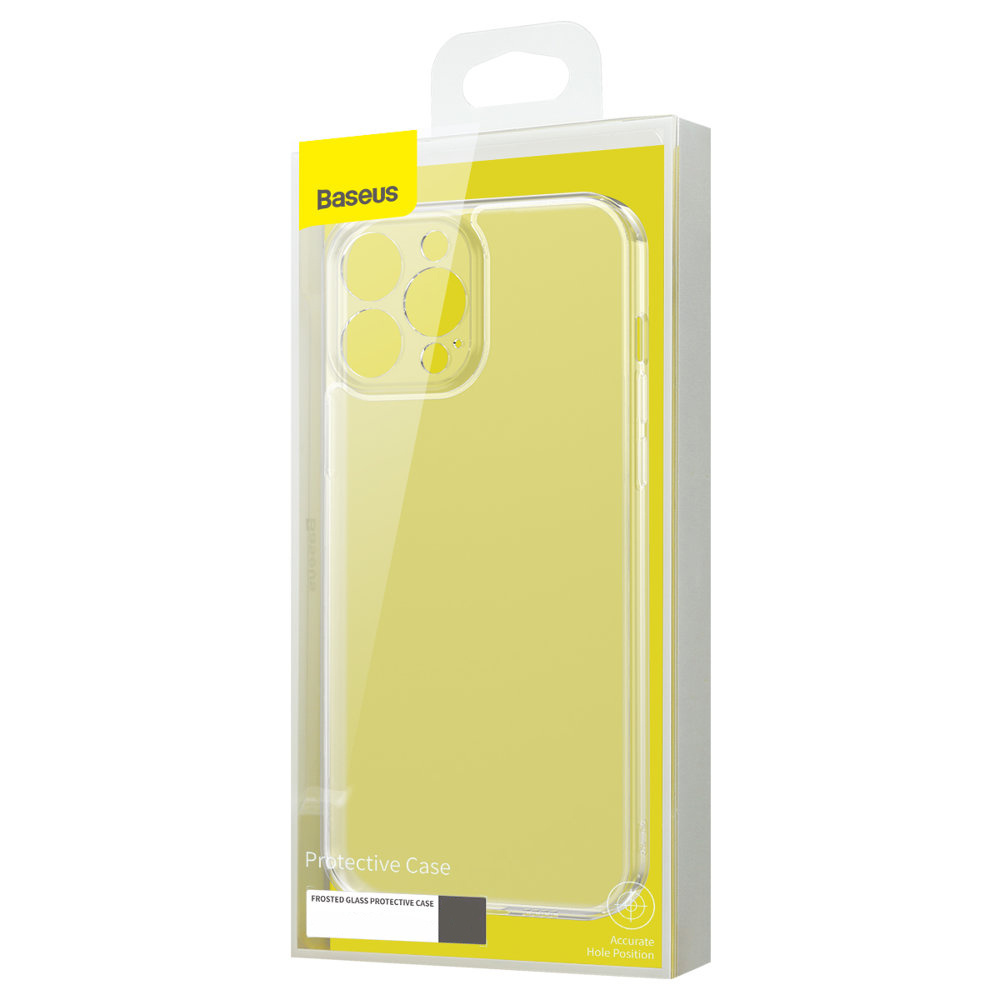 Etui na telefon w żółtym pudełku. Etui jest przezroczyste, a telefon widoczny.