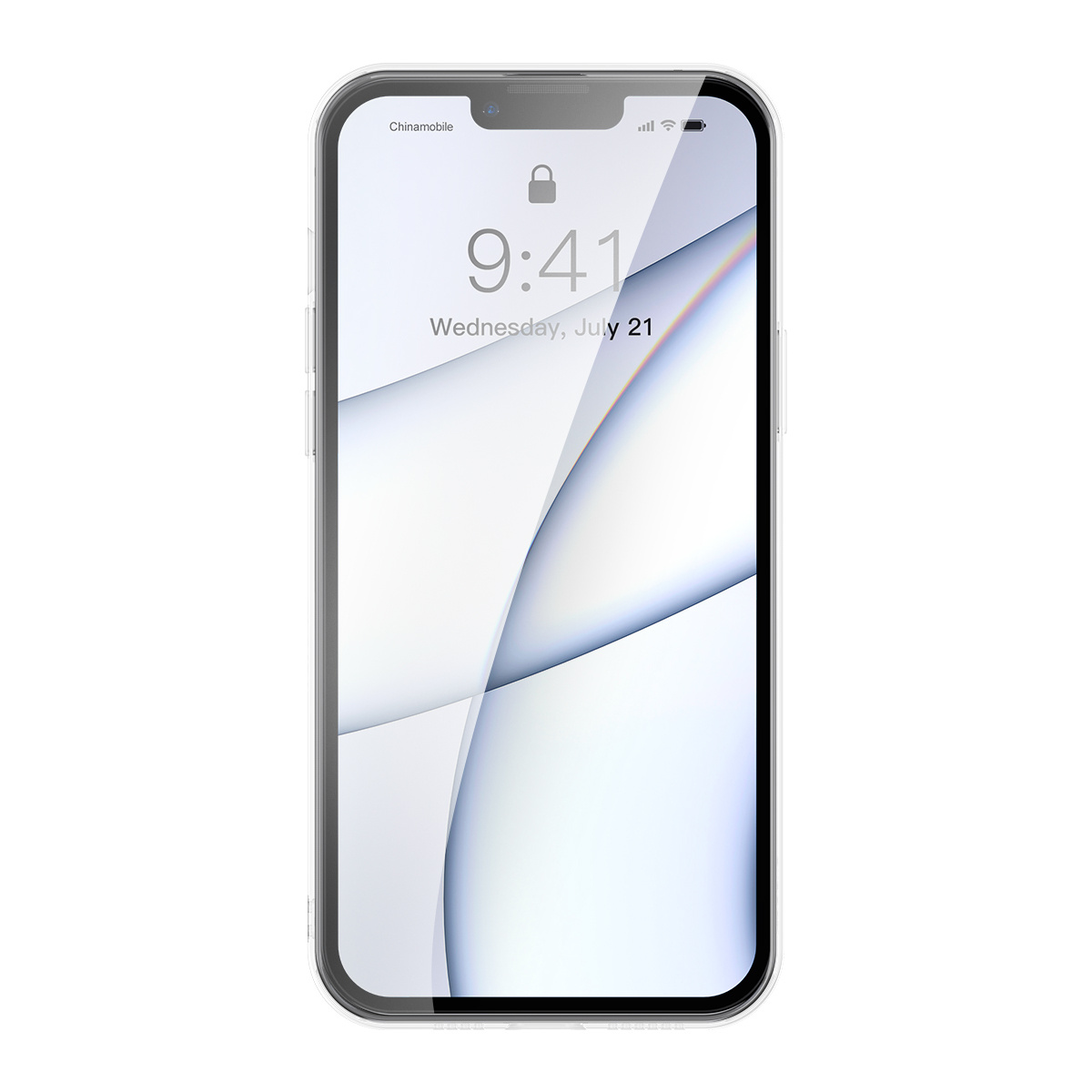 Smartfon wyświetla godzinę 9:41 na ekranie. Telefon ma przezroczyste etui i znajduje się na białym tle.