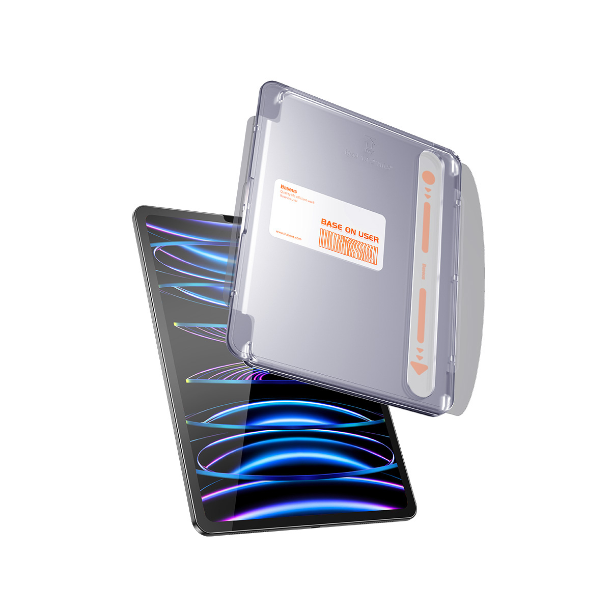 Tablet z nakładanym ochraniaczem ekranu. Ochraniacz jest przezroczysty z etykietą Baseus.