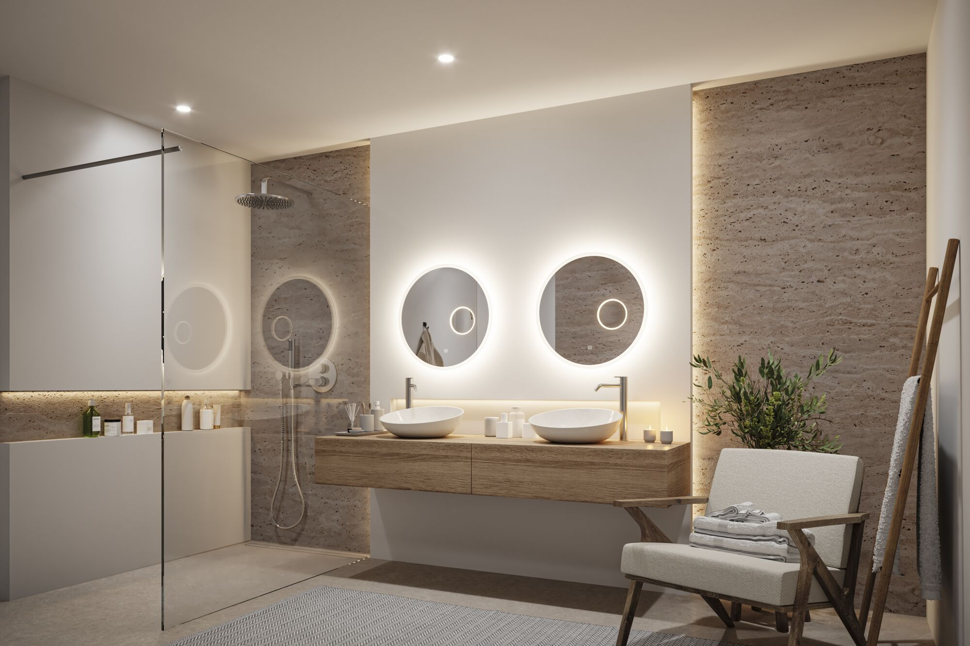 Ein modernes Badezimmer verfügt über zwei Waschbecken, runde Spiegel mit LED-Beleuchtung, eine Glasdusche und eine minimalistische Ästhetik.