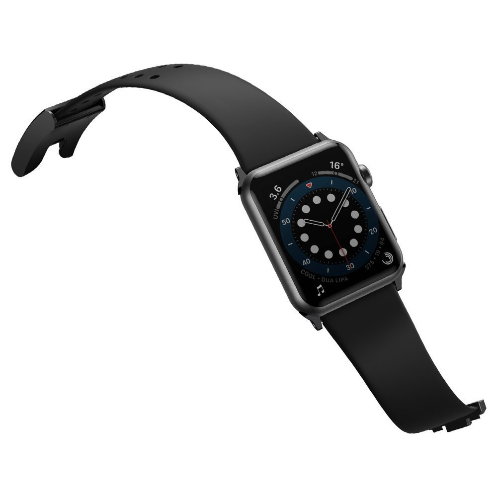 Apple Watch z czarnym paskiem, pokazujący godzinę, na białym tle. Pasek jest zakrzywiony.