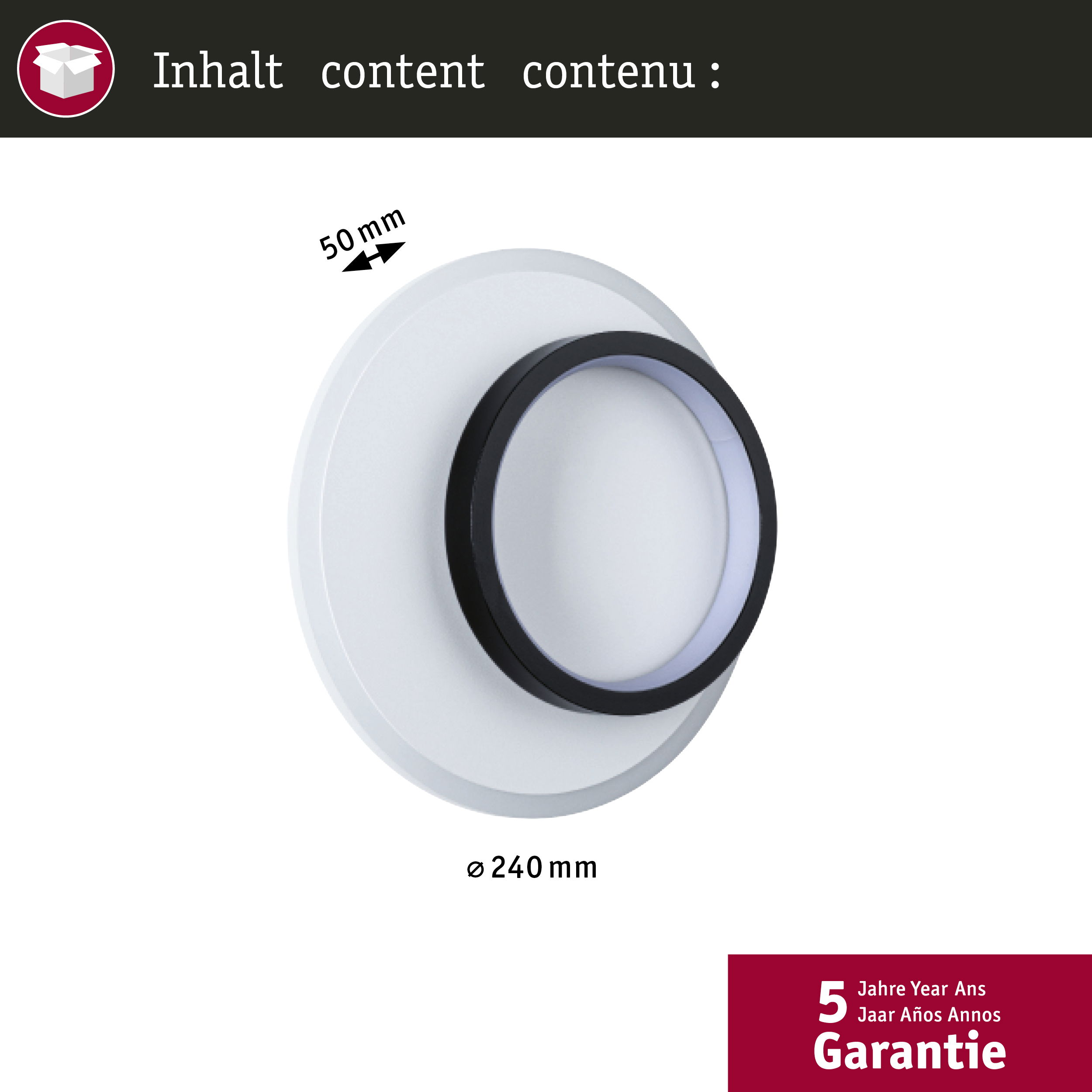 Ein Bild zeigt die Abmessungen und Inhaltsdetails eines Produkts, einschließlich Größenangaben und einem Garantiehinweis.
