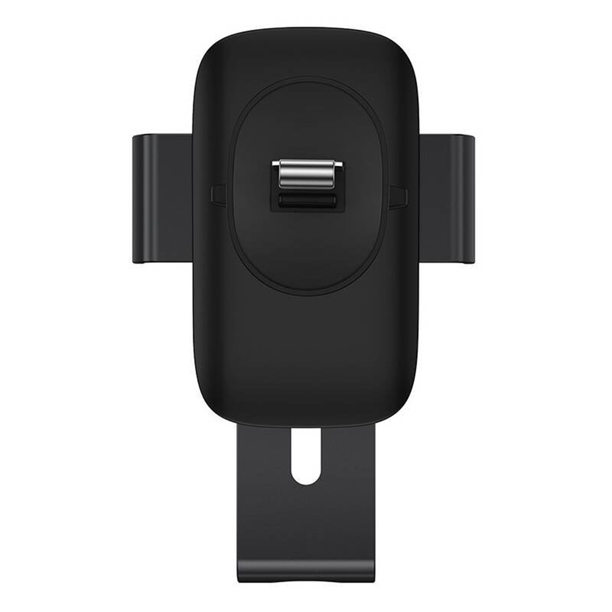 Zbliżenie czarnego uchwytu samochodowego z portem ładowania, przeznaczonego do bezpiecznego trzymania urządzeń w pojazdach.